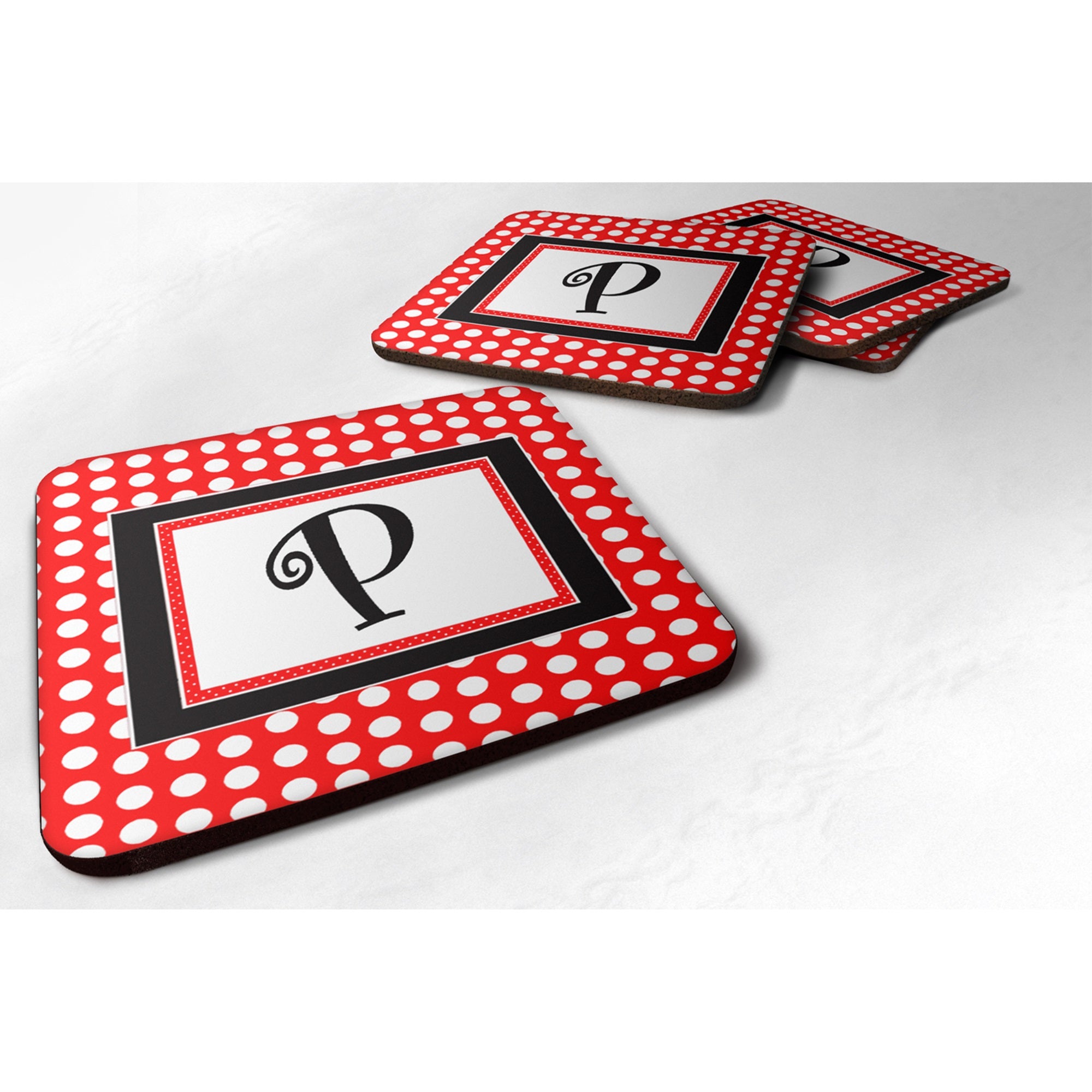 Letter P Initial  - Red Black Polka Dots Foam Coaster Set Of 4