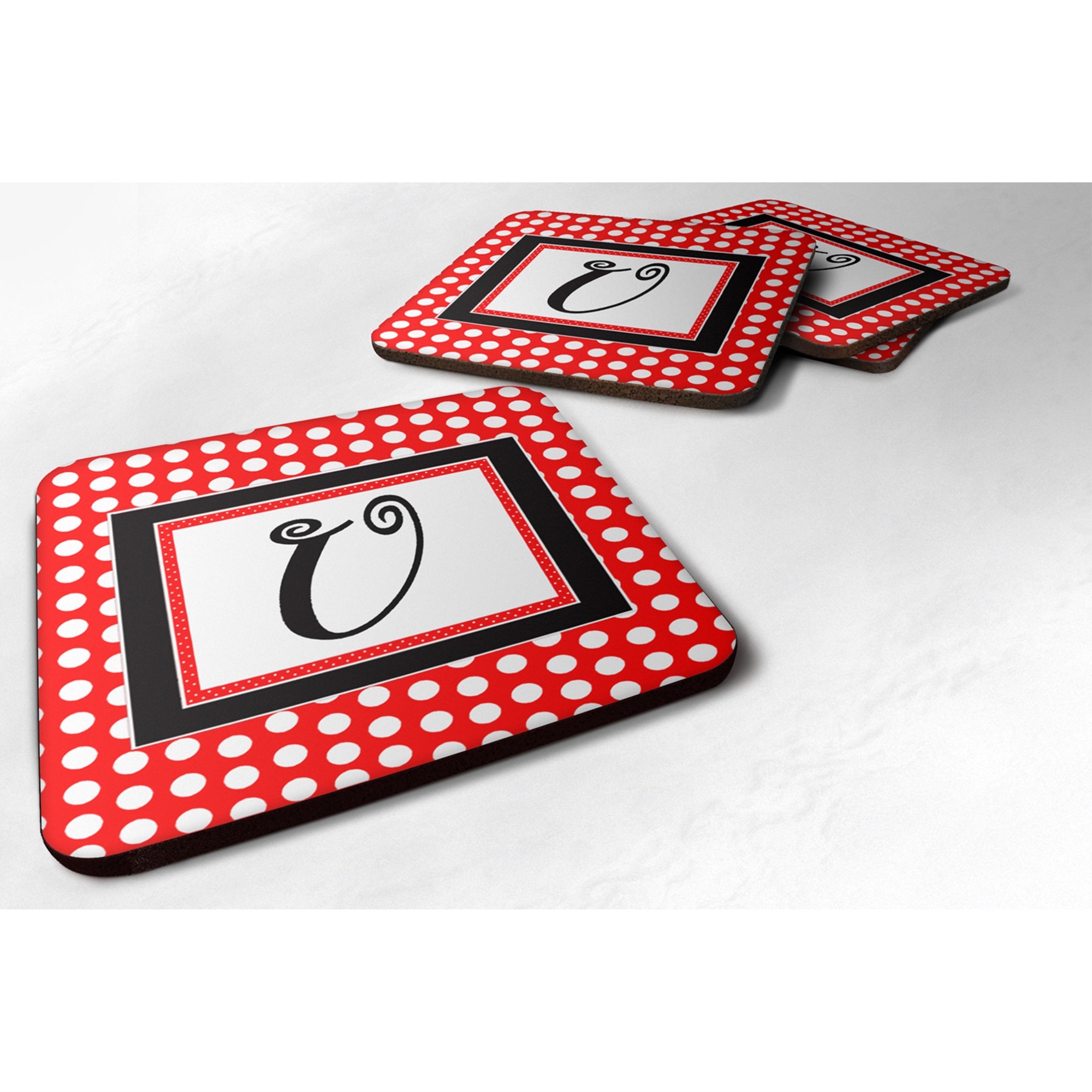 Letter U Initial  - Red Black Polka Dots Foam Coaster Set Of 4