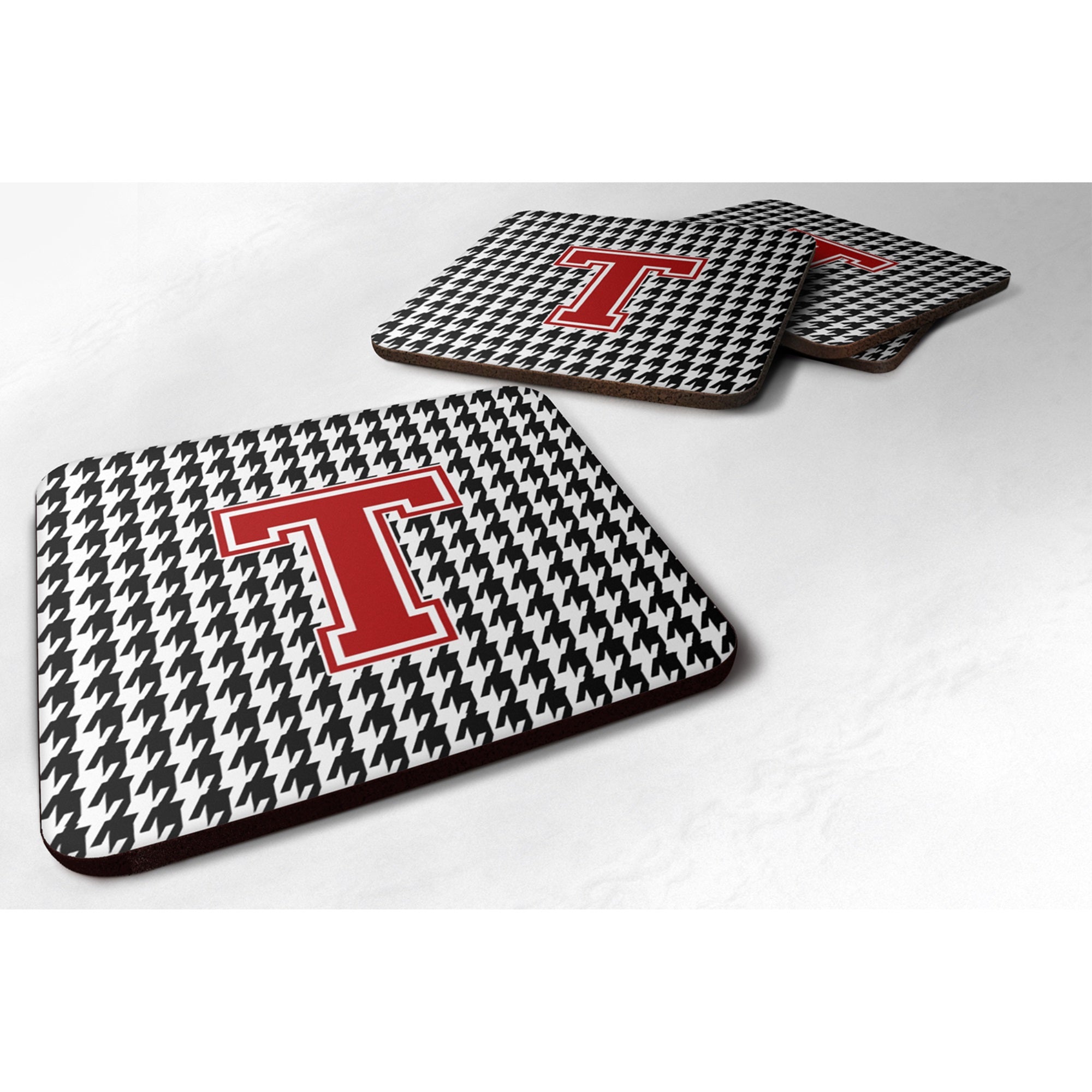 Letter T Monogram - Houndstooth Black Foam Coaster Set Of 4