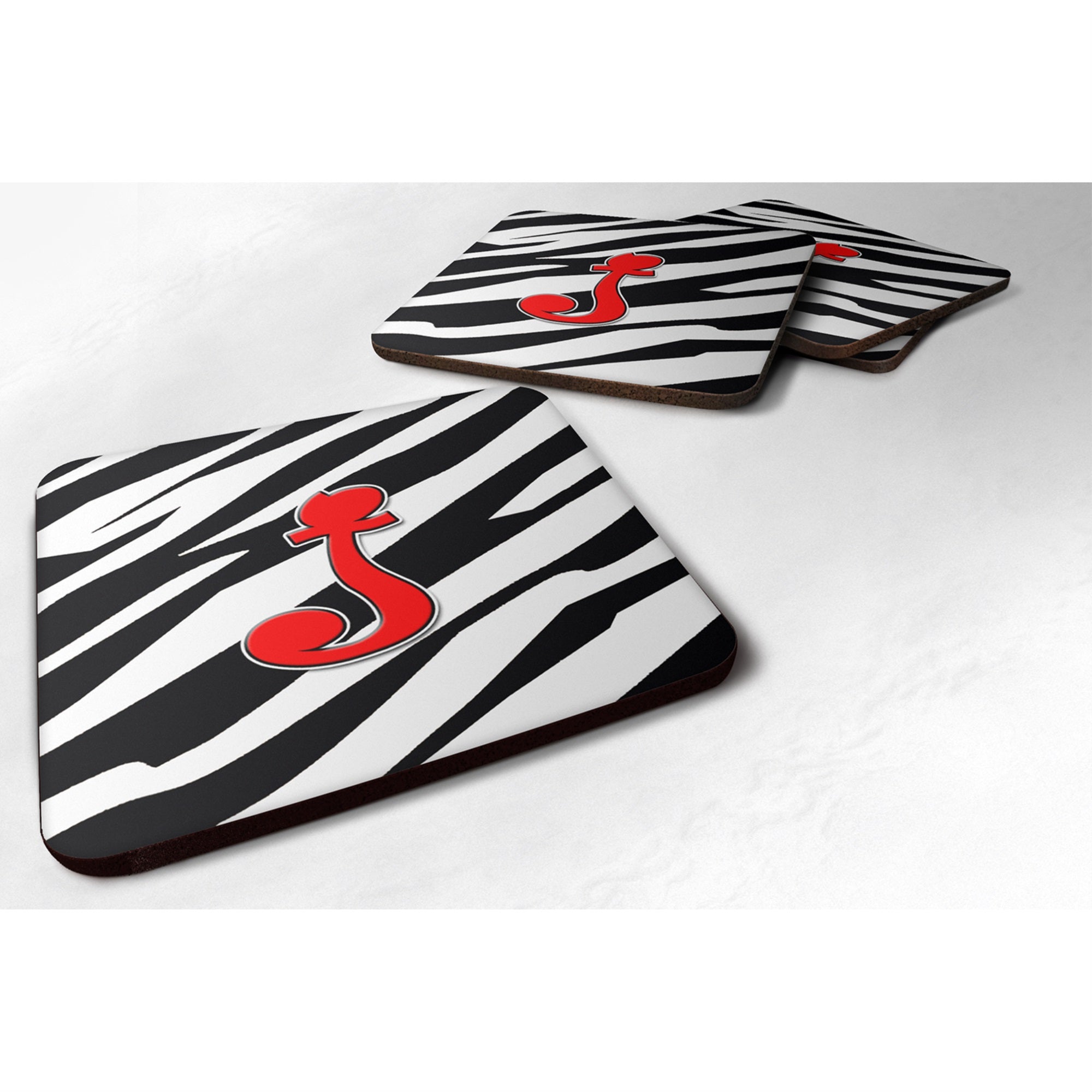 Letter J Initial Monogram - Zebra Red Foam Coaster Set Of 4