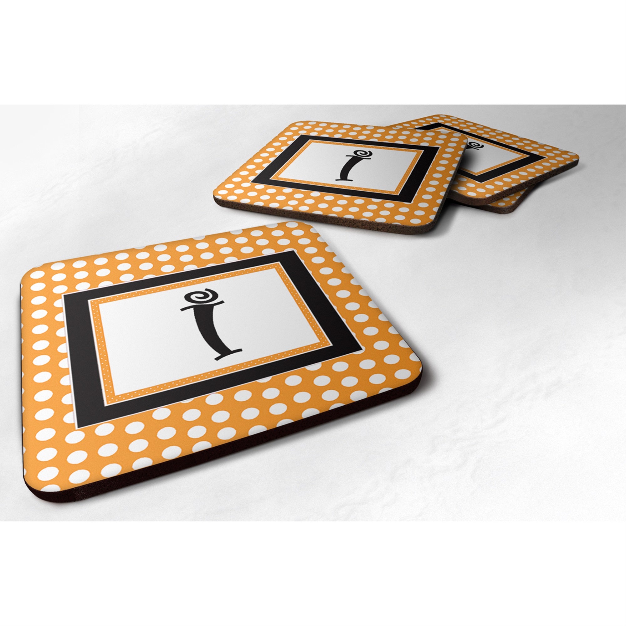 Letter I Initial Monogram - Orange Polkadots Foam Coaster Set Of 4