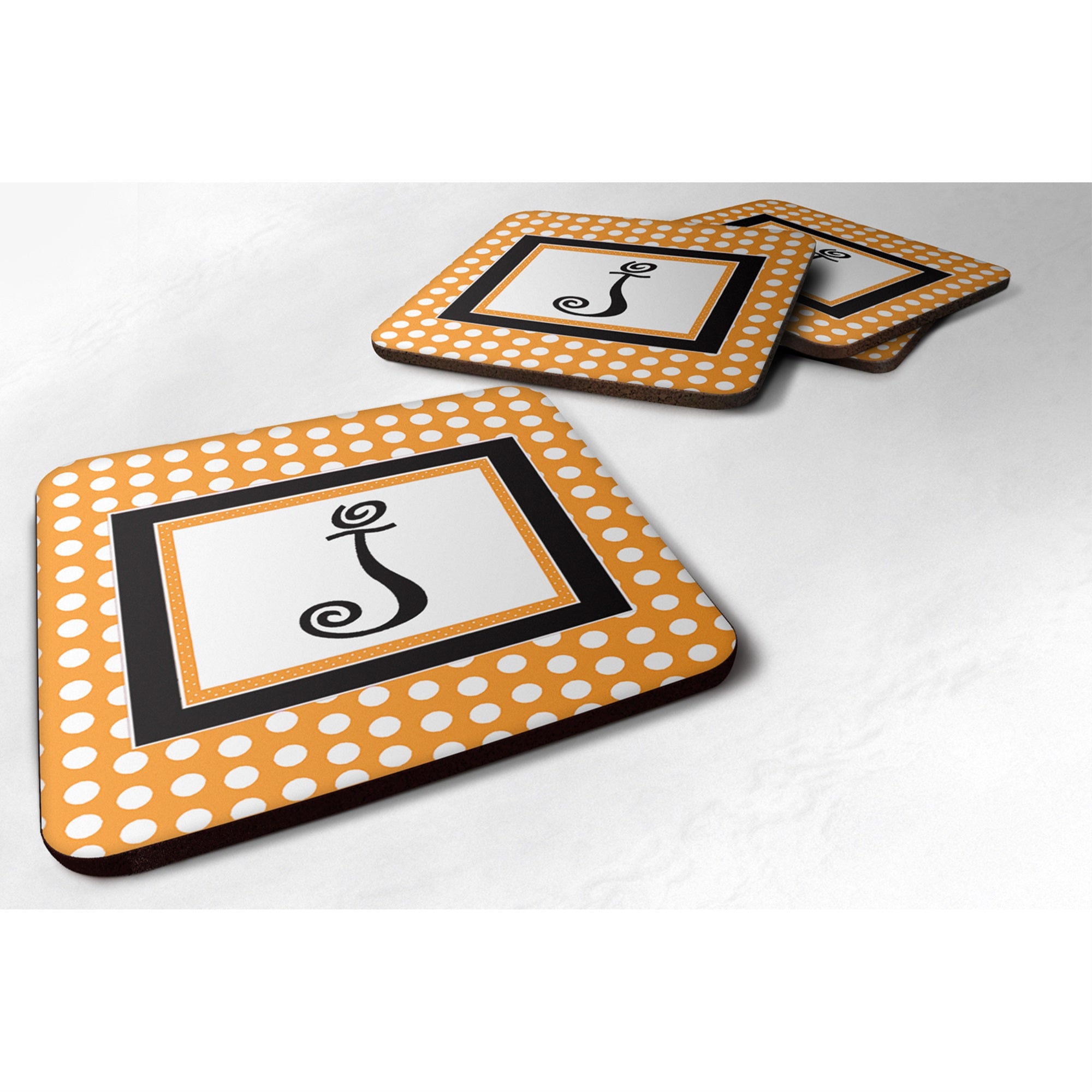 Letter J Initial Monogram - Orange Polkadots Foam Coaster Set Of 4
