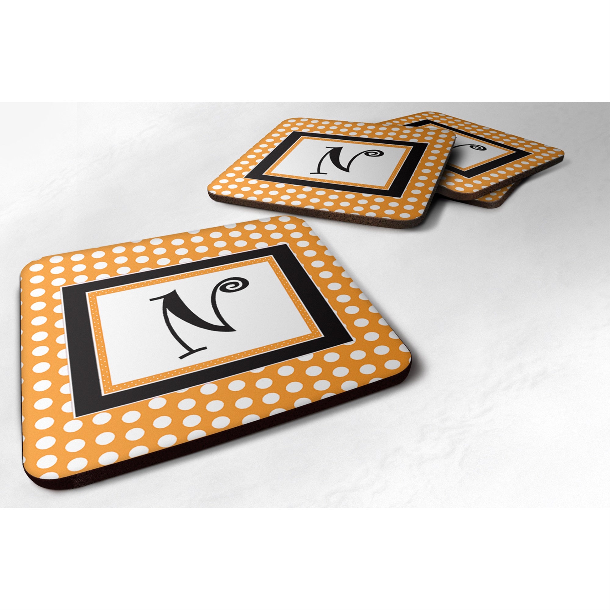 Letter N Initial Monogram - Orange Polkadots Foam Coaster Set Of 4