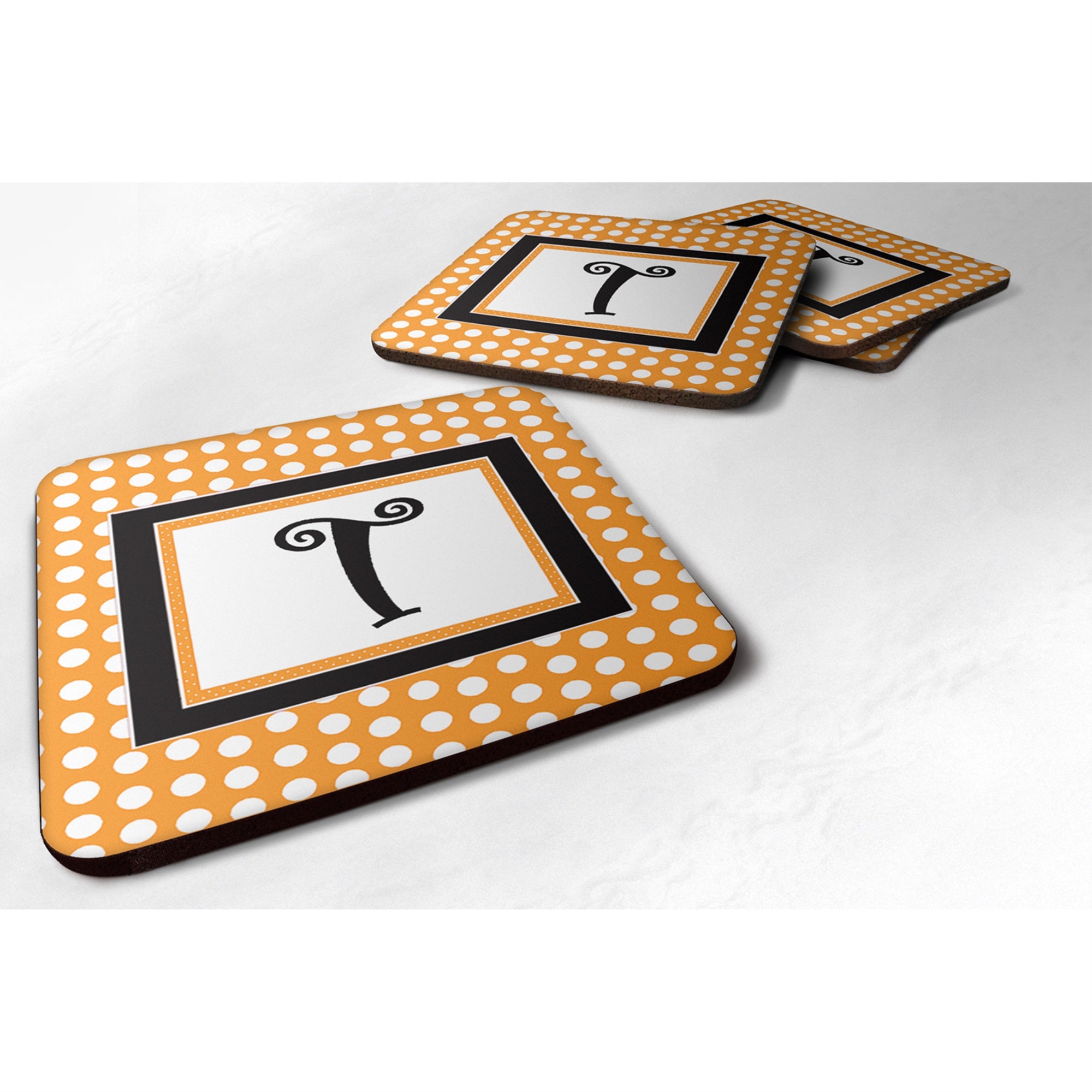 Letter T Initial Monogram - Orange Polkadots Foam Coaster Set Of 4
