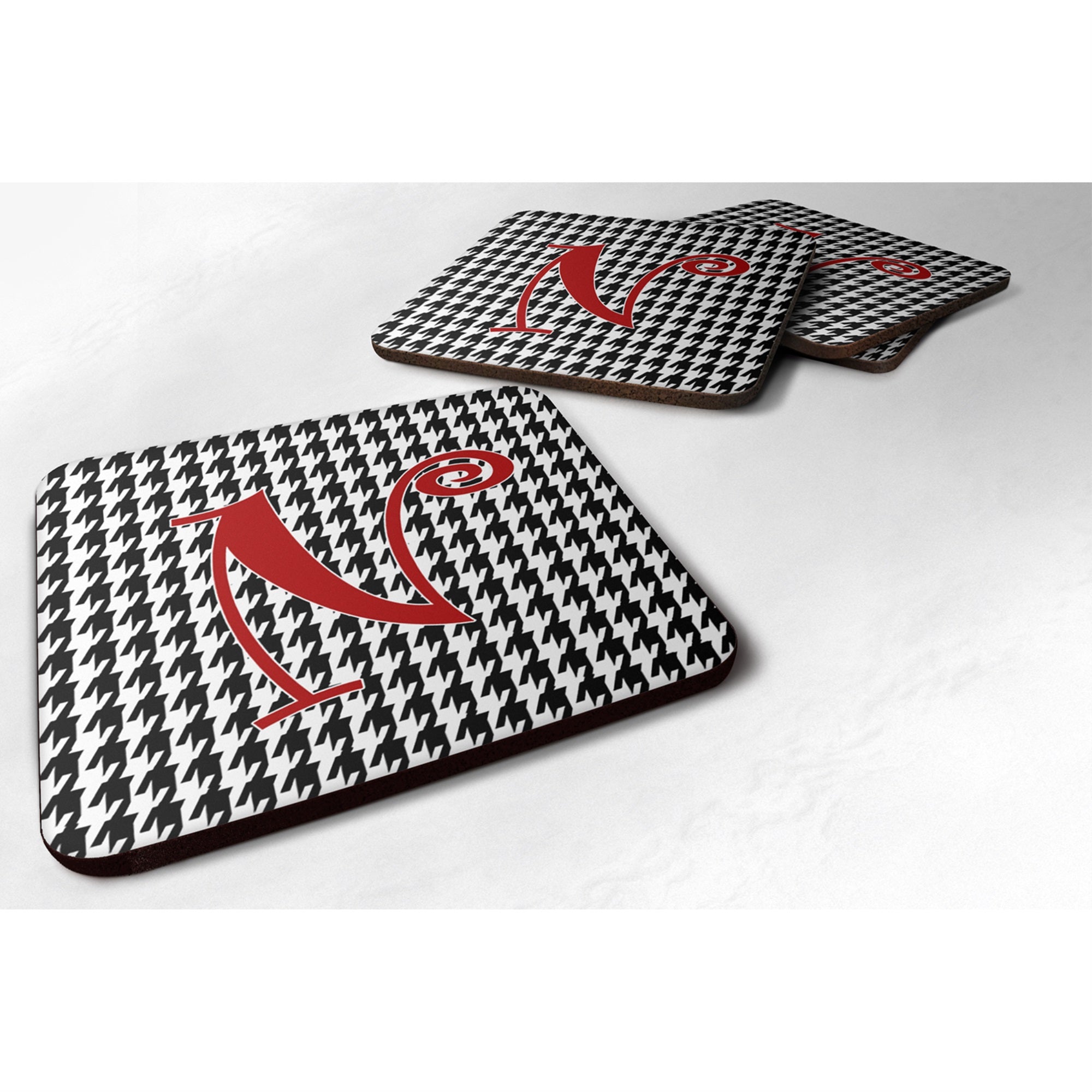Letter N Initial Monogram - Houndstooth Black Foam Coaster Set Of 4