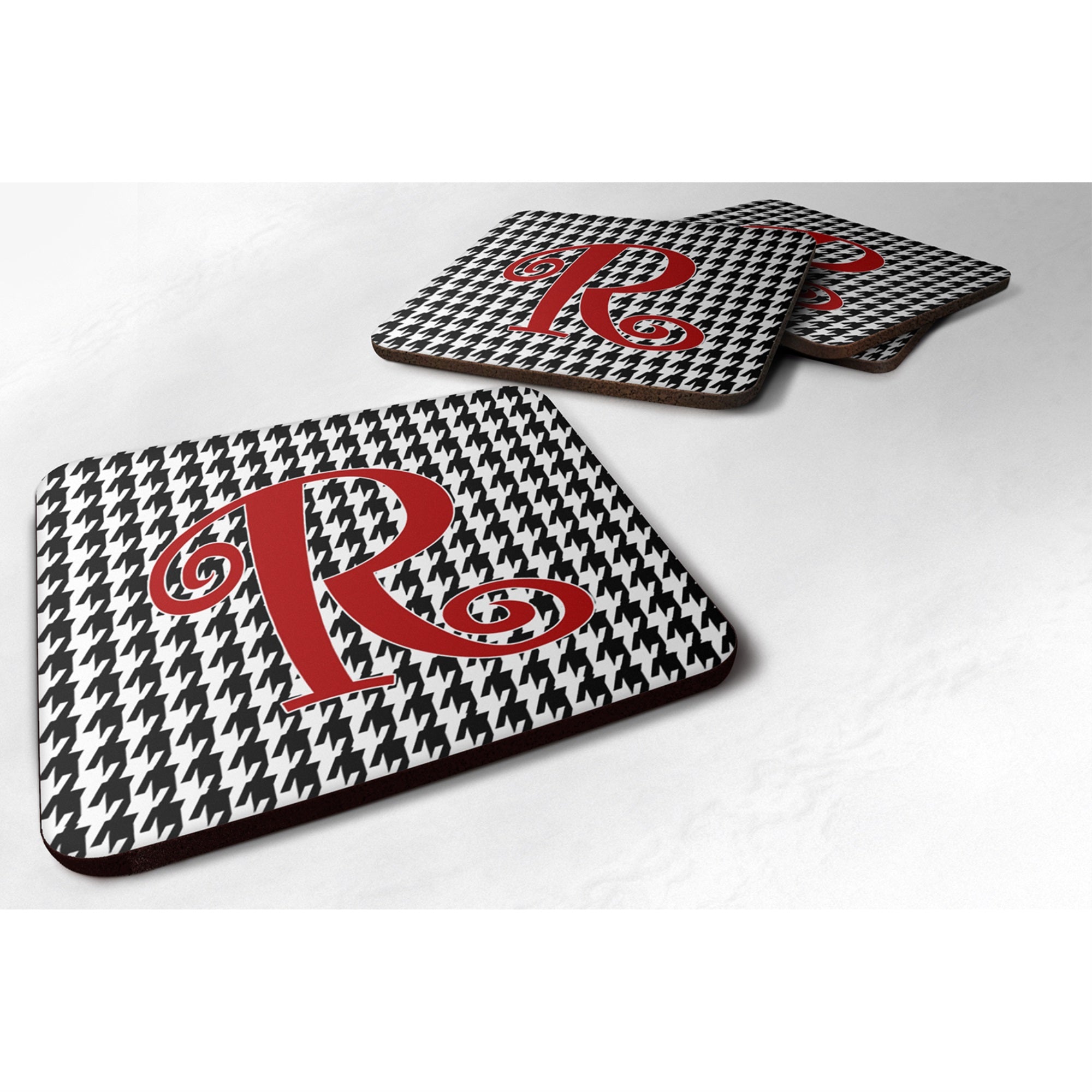 Letter R Initial Monogram - Houndstooth Black Foam Coaster Set Of 4