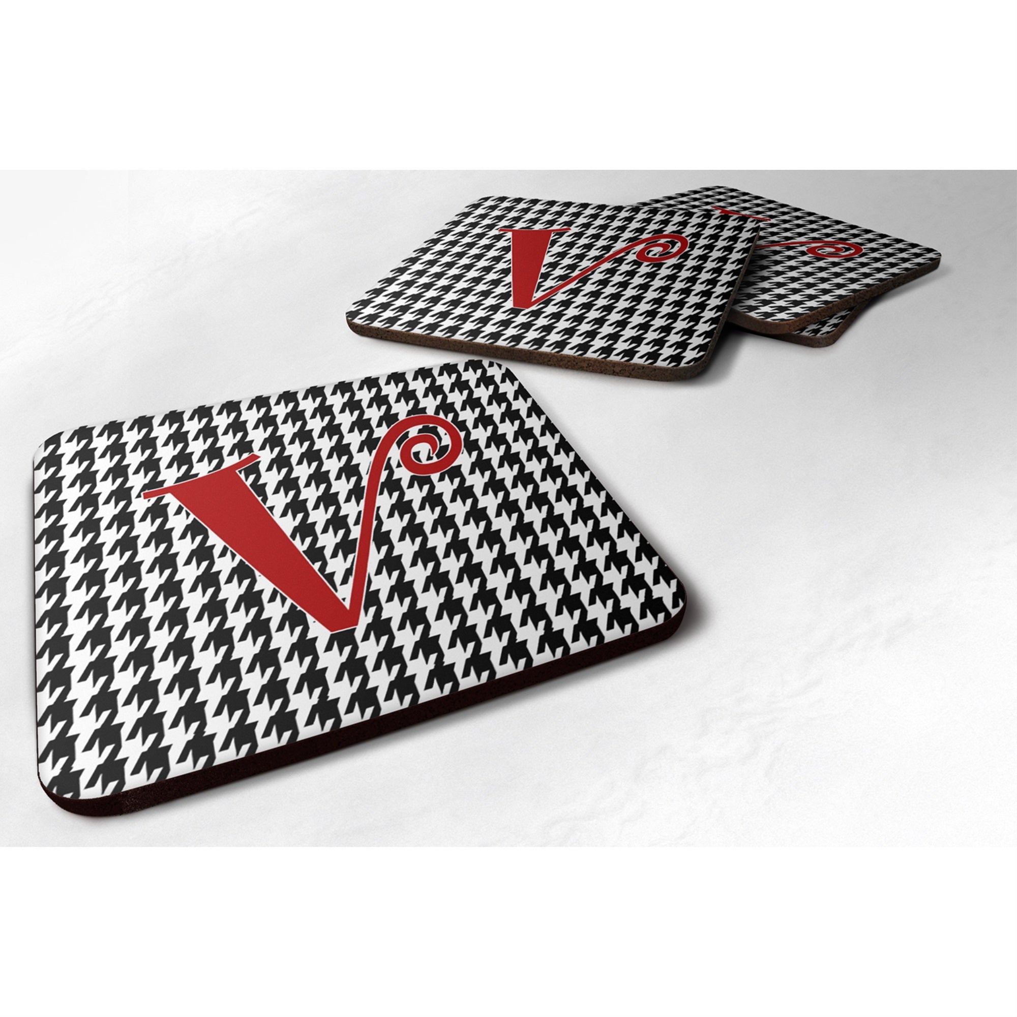 Letter V Initial Monogram - Houndstooth Black Foam Coaster Set Of 4