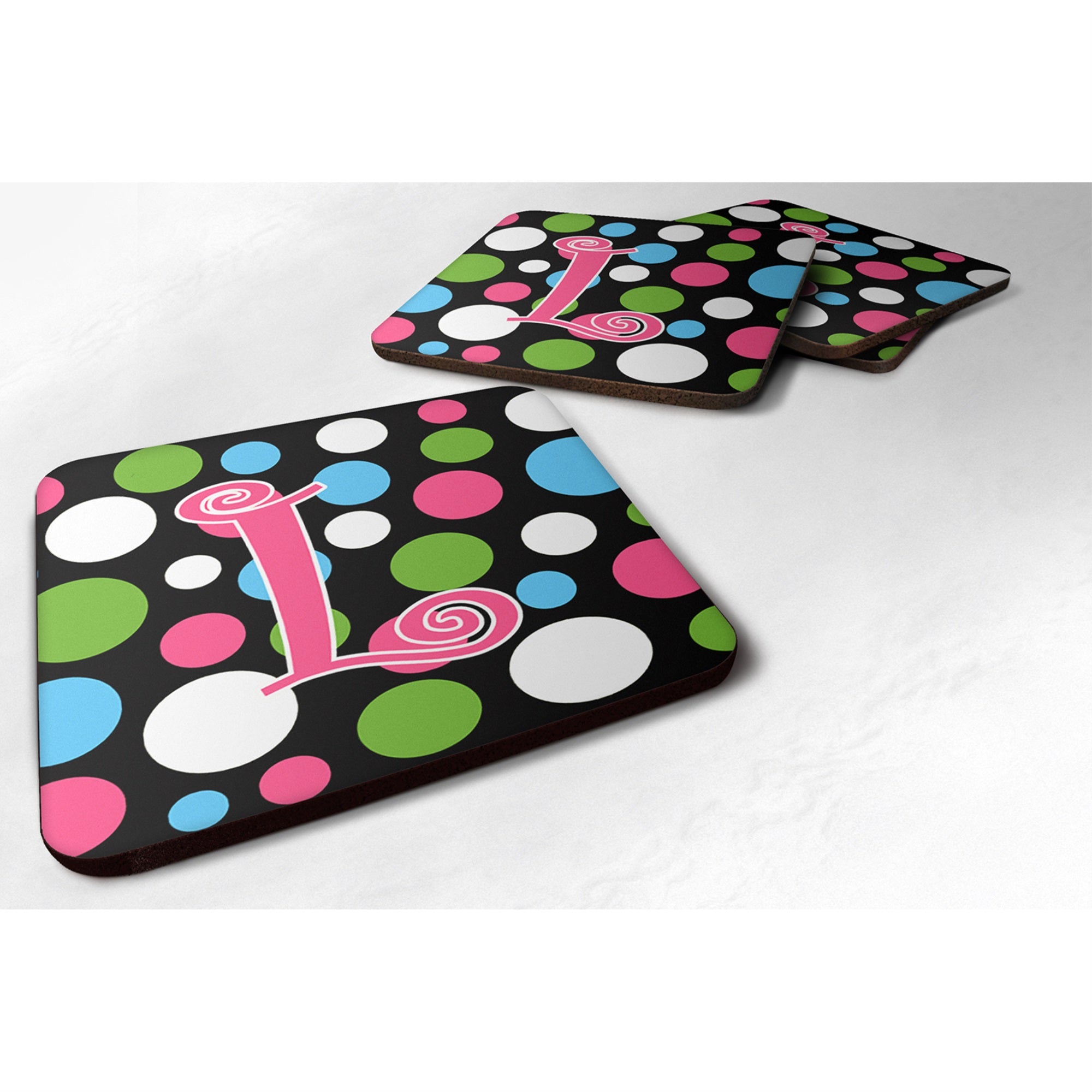Letter L Initial Monogram - Polkadots And Pink Foam Coaster Set Of 4
