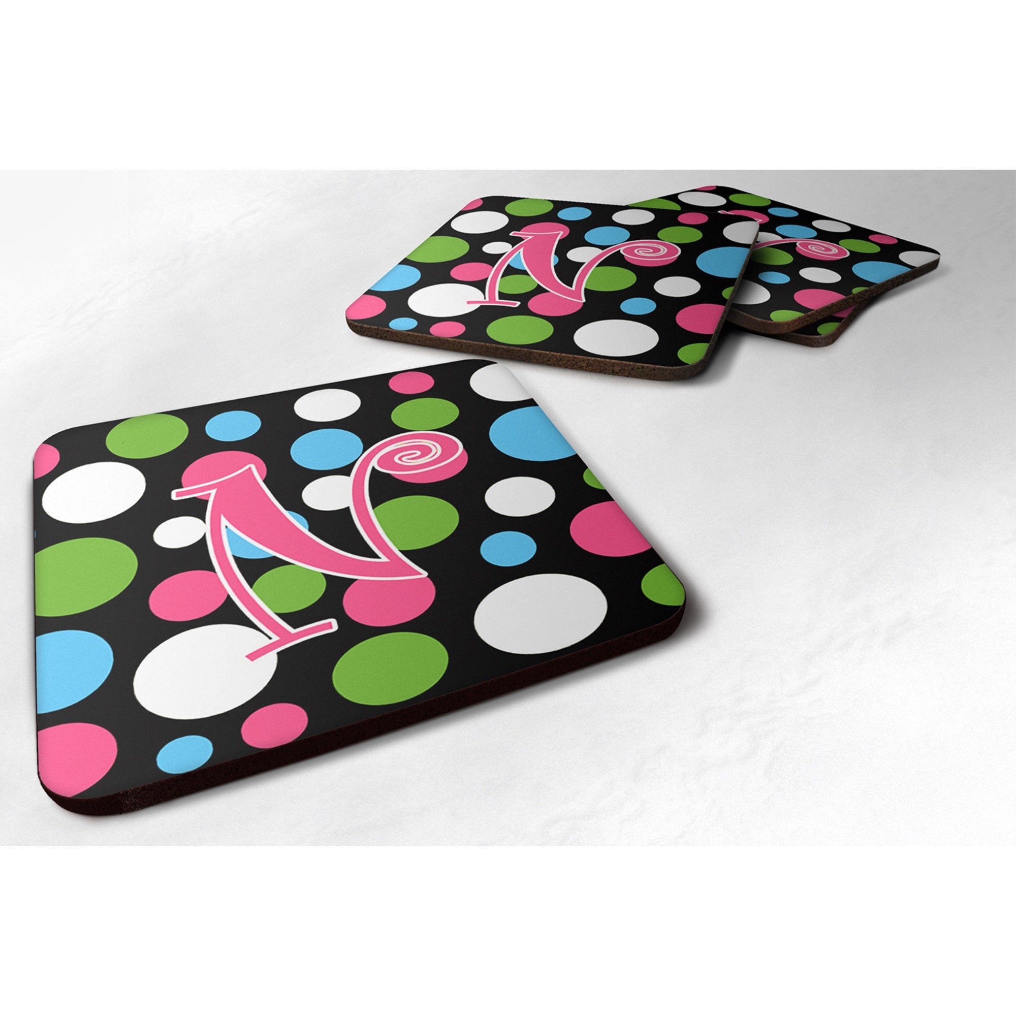Letter N Initial Monogram - Polkadots And Pink Foam Coaster Set Of 4