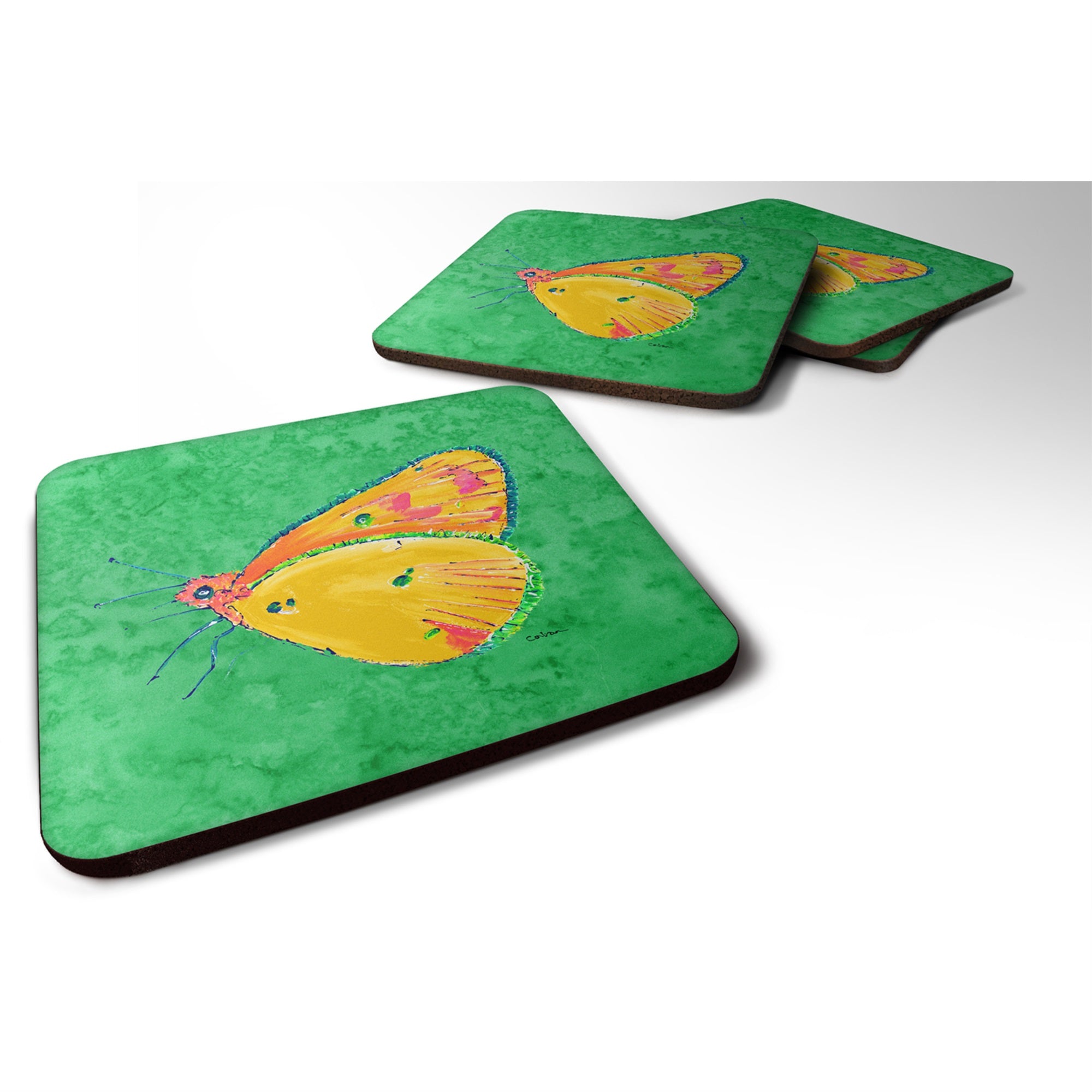 Butterfly Orange On Green Foam Coaster Set Of 4