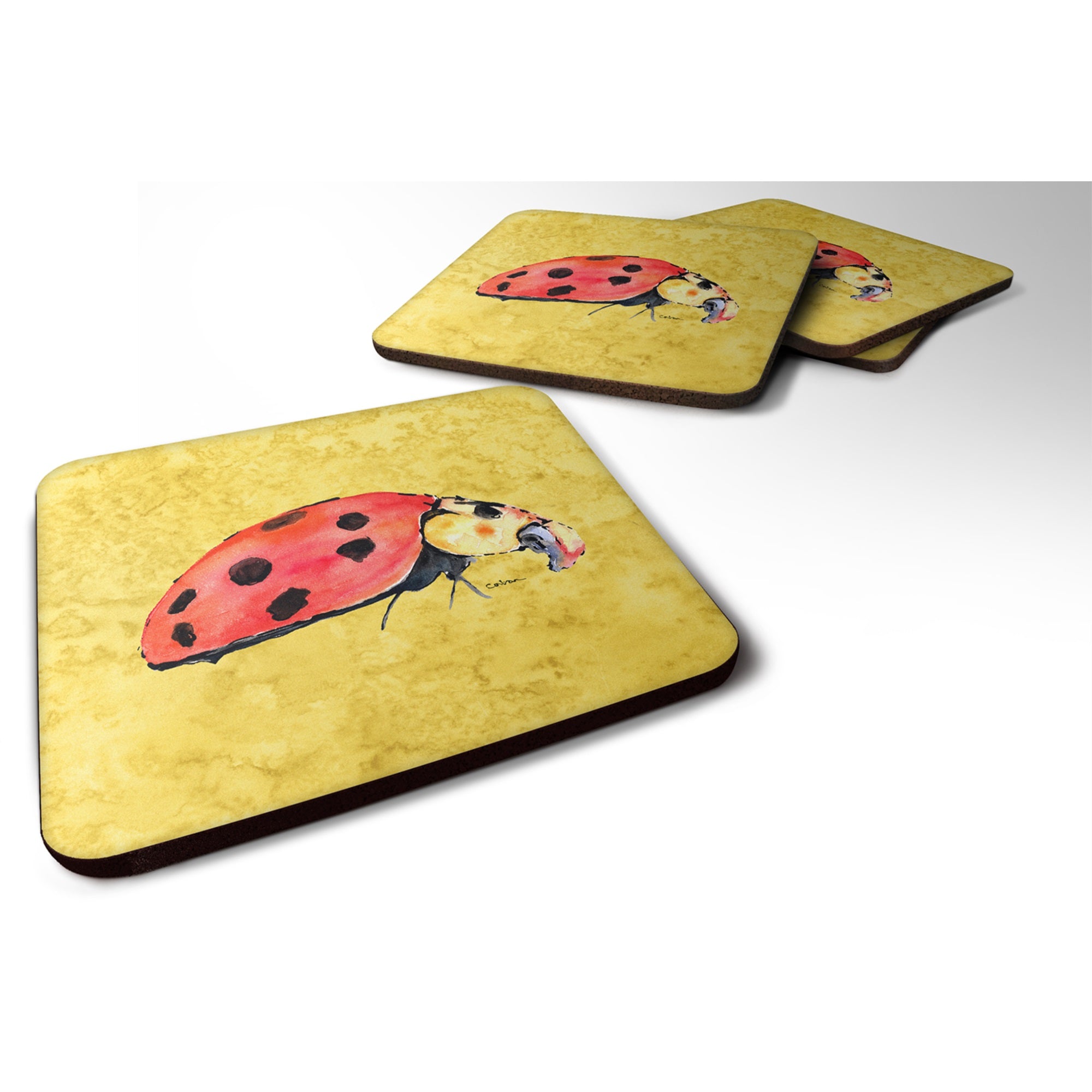 Lady Bug On Yellow Foam Coaster Set Of 4