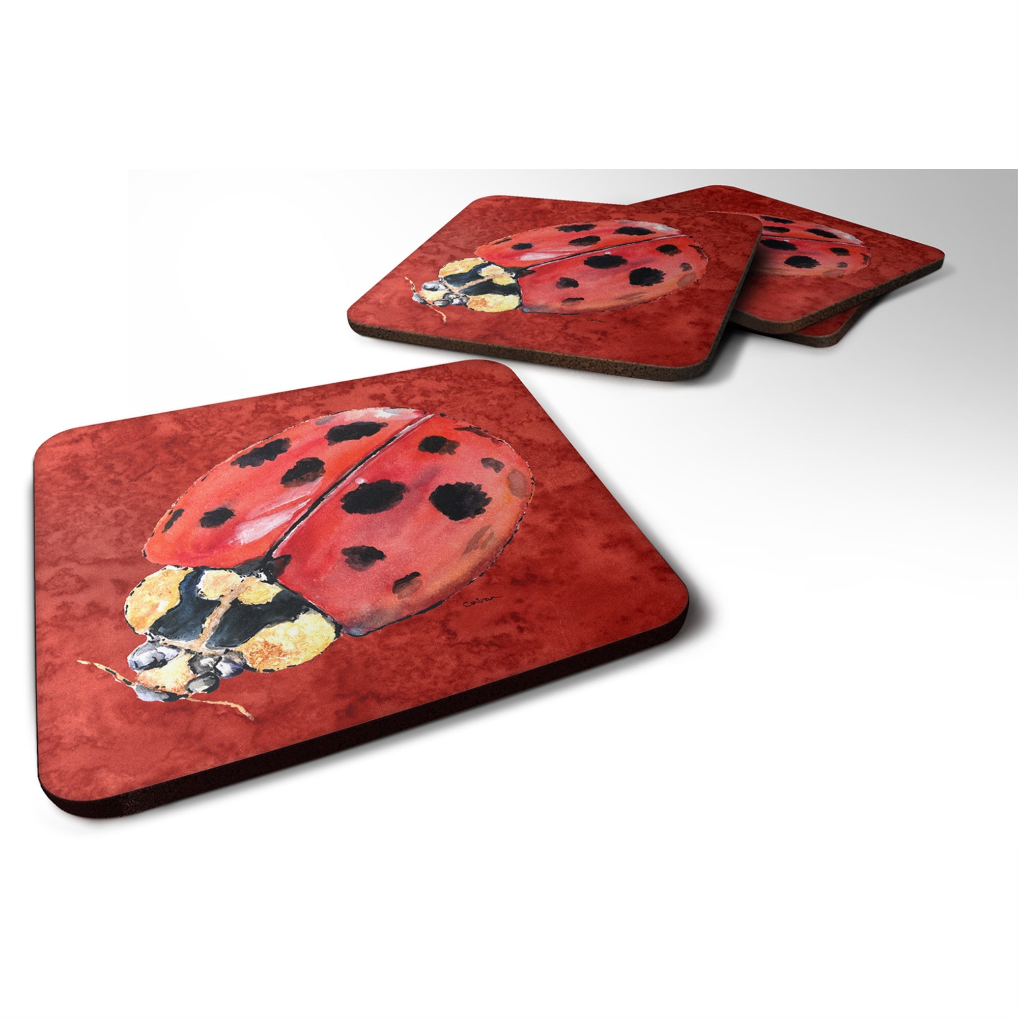 Lady Bug On Deep Red Foam Coaster Set Of 4