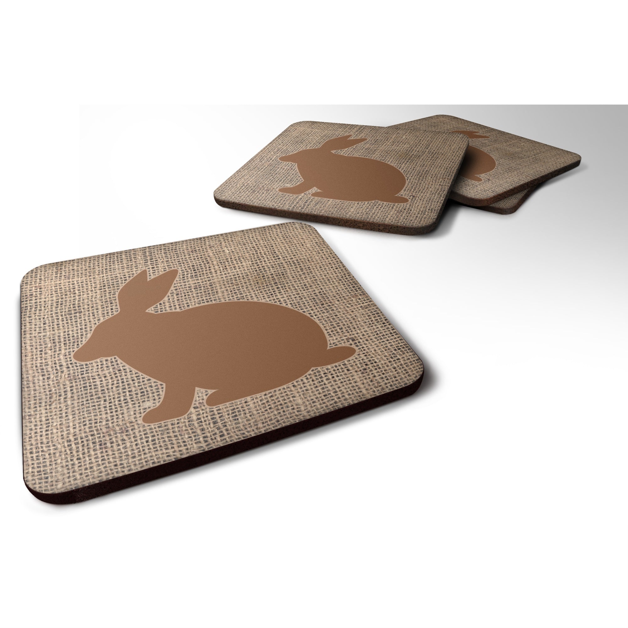 Rabbit Burlap And Brown Foam Coaster Set Of 4