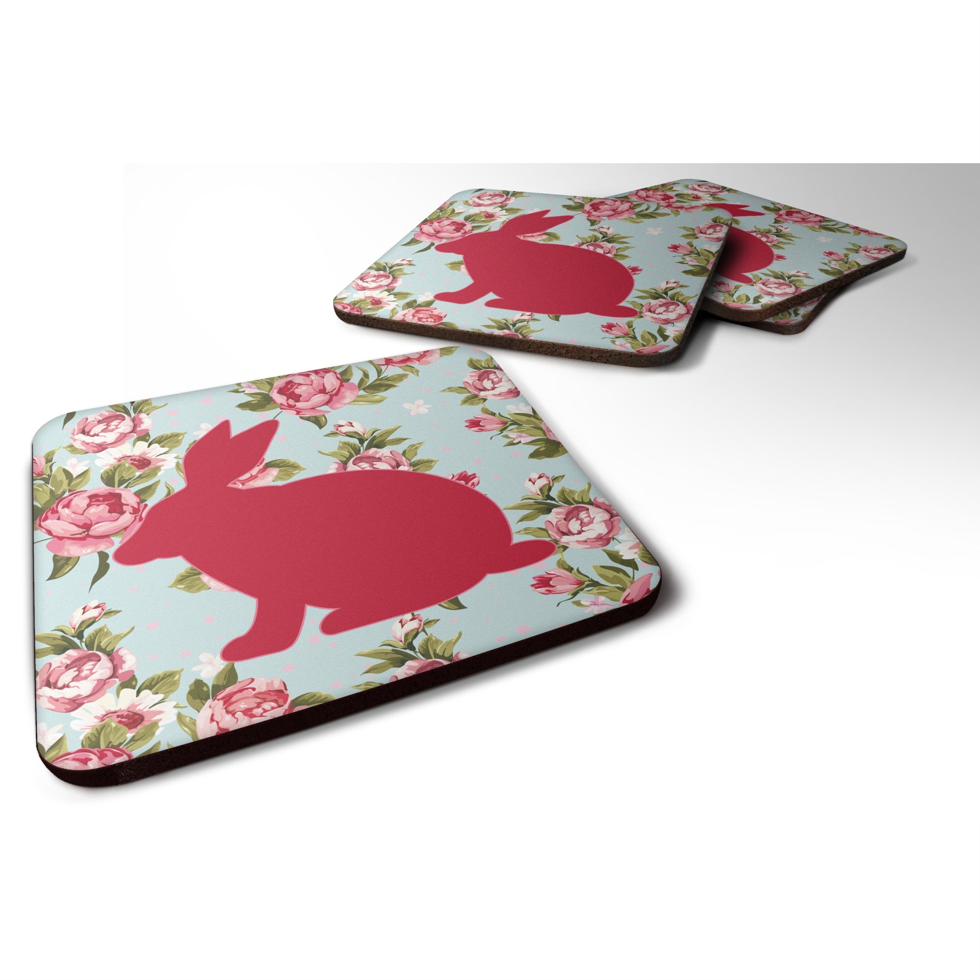 Rabbit Shabby Chic Blue Roses Foam Coaster Set Of 4