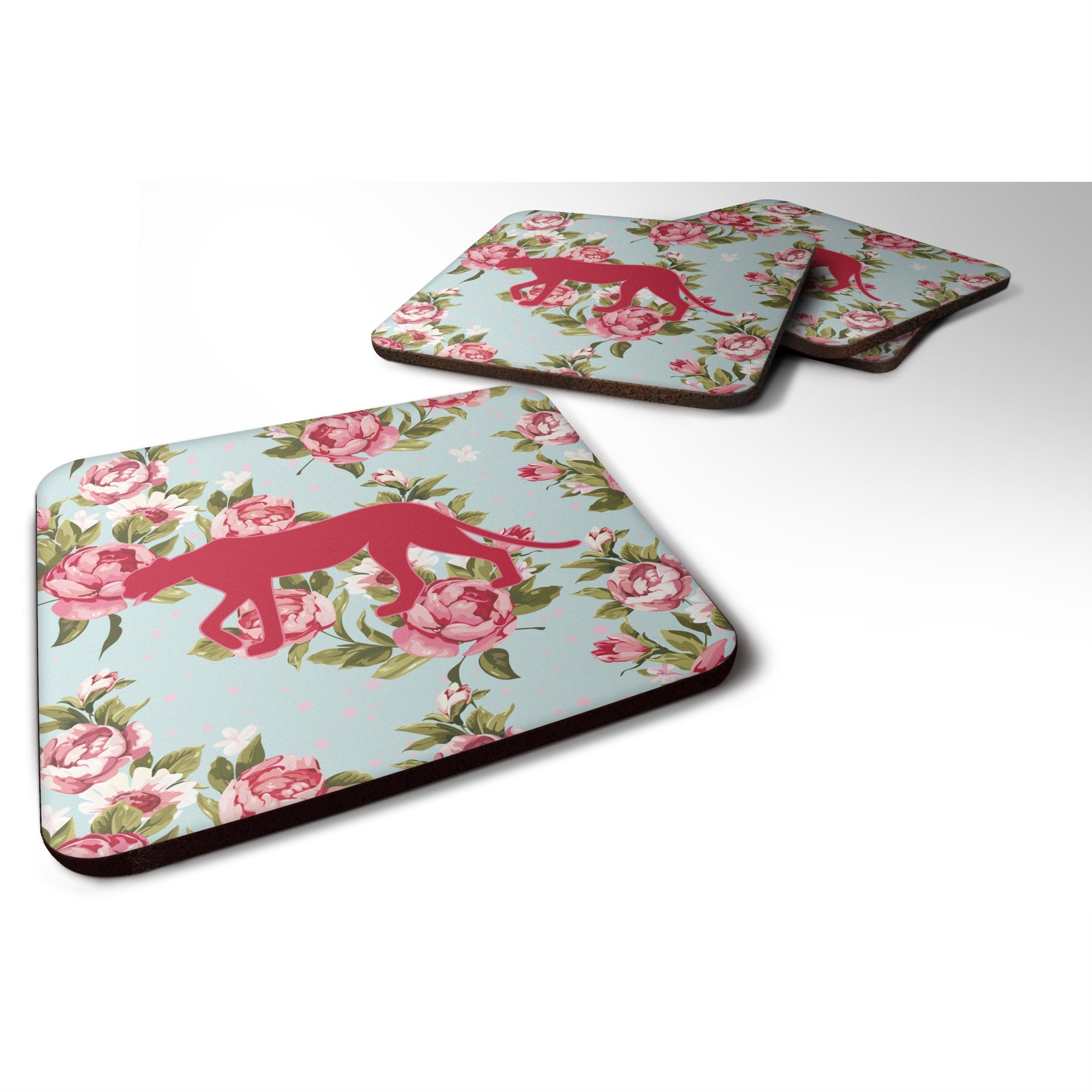 Leopard Shabby Chic Blue Roses Foam Coaster Set Of 4