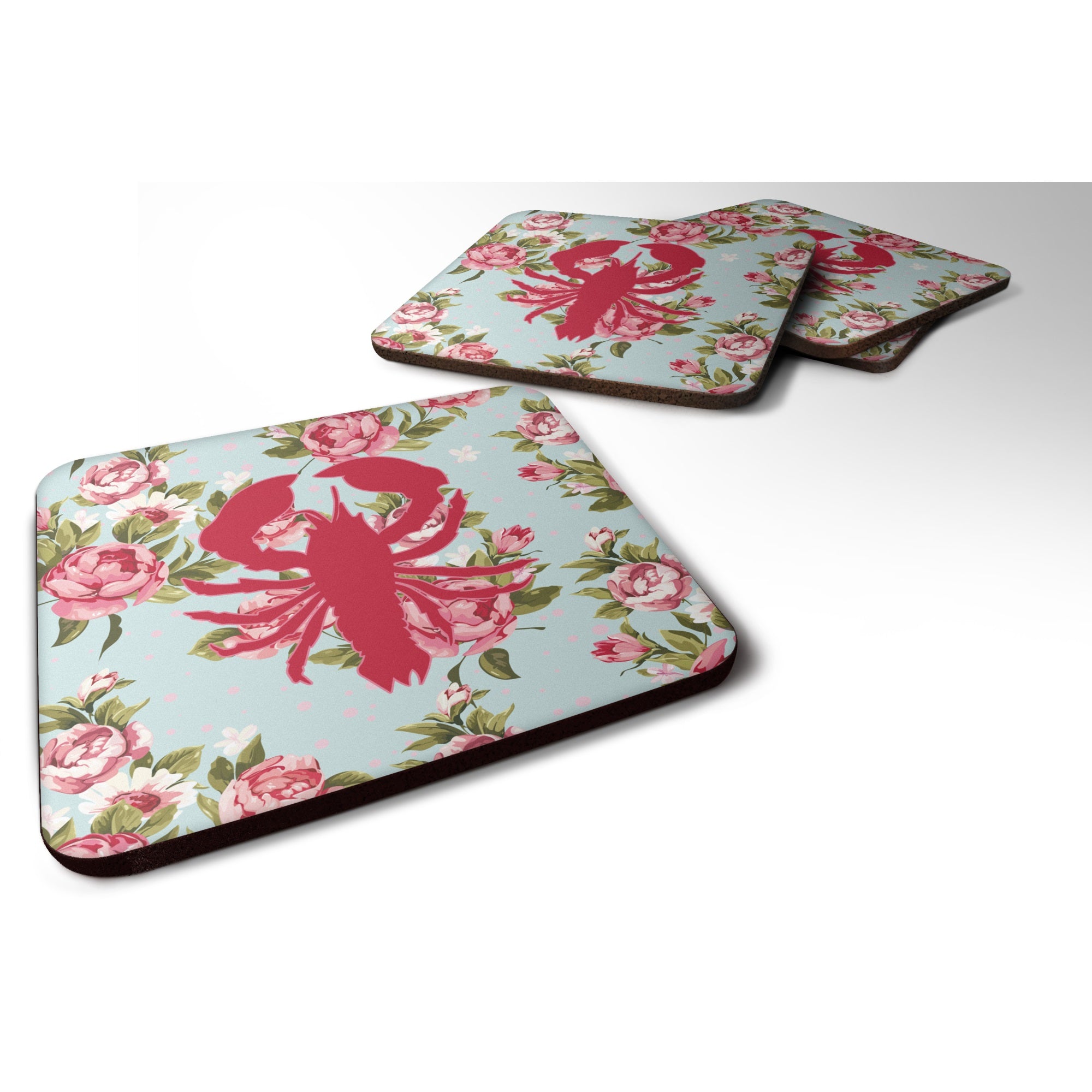 Lobster Shabby Chic Blue Roses Bb1015 Foam Coaster Set Of 4