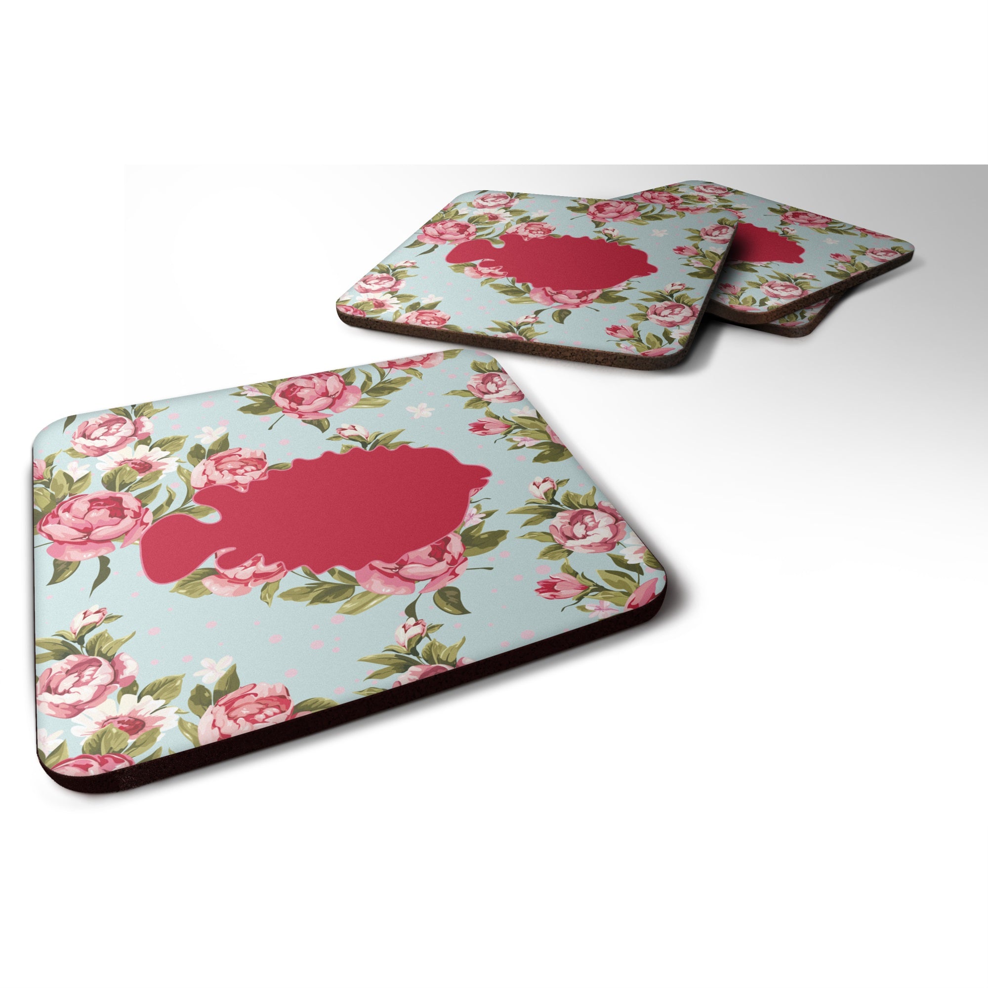 Fish - Blowfish Shabby Chic Blue Roses Bb1016 Foam Coaster Set Of 4