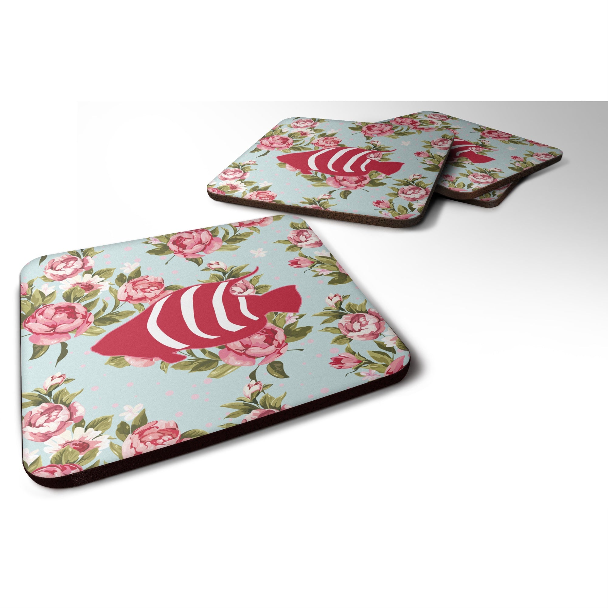 Fish Shabby Chic Blue Roses Bb1020 Foam Coaster Set Of 4