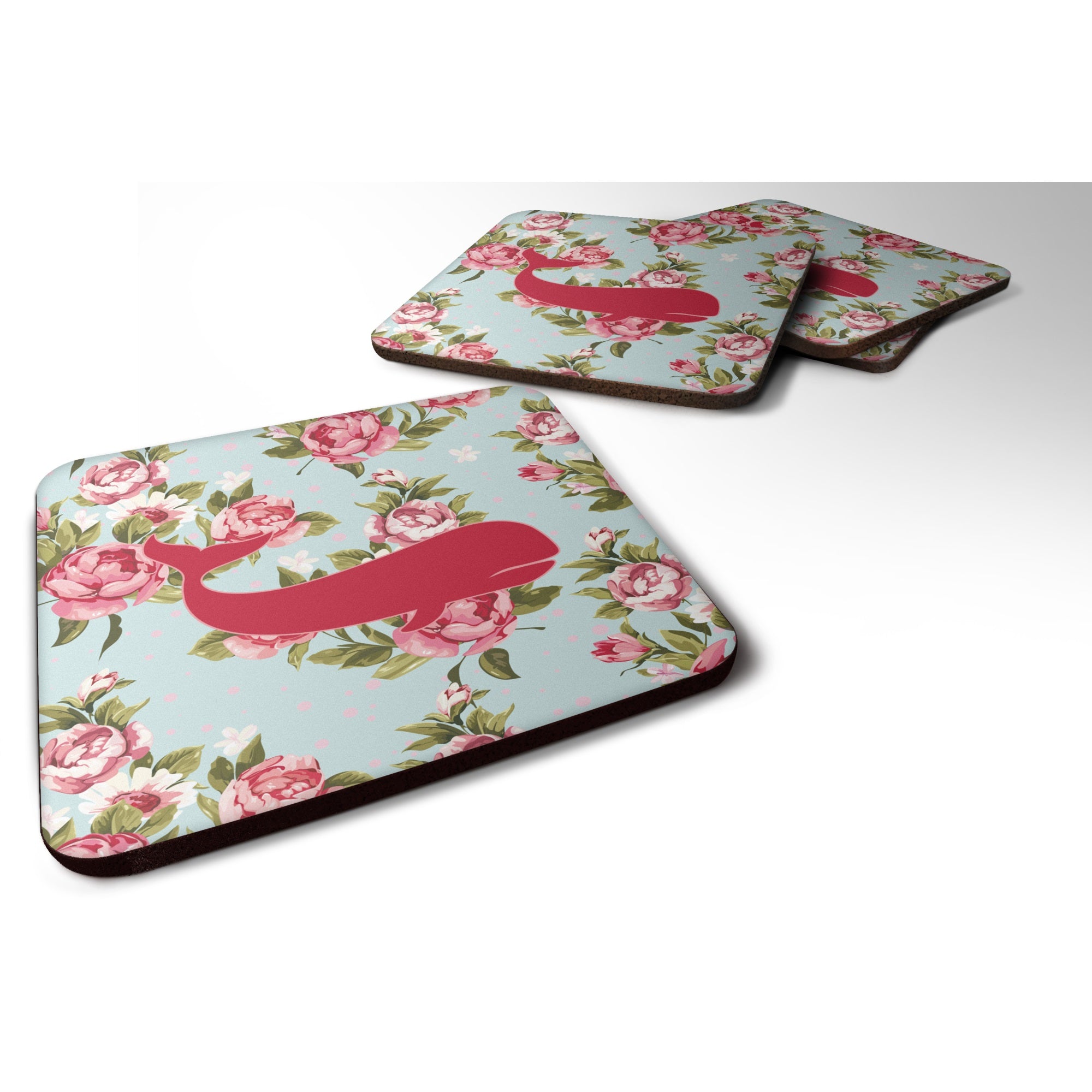 Whale Shabby Chic Blue Roses Bb1021 Foam Coaster Set Of 4