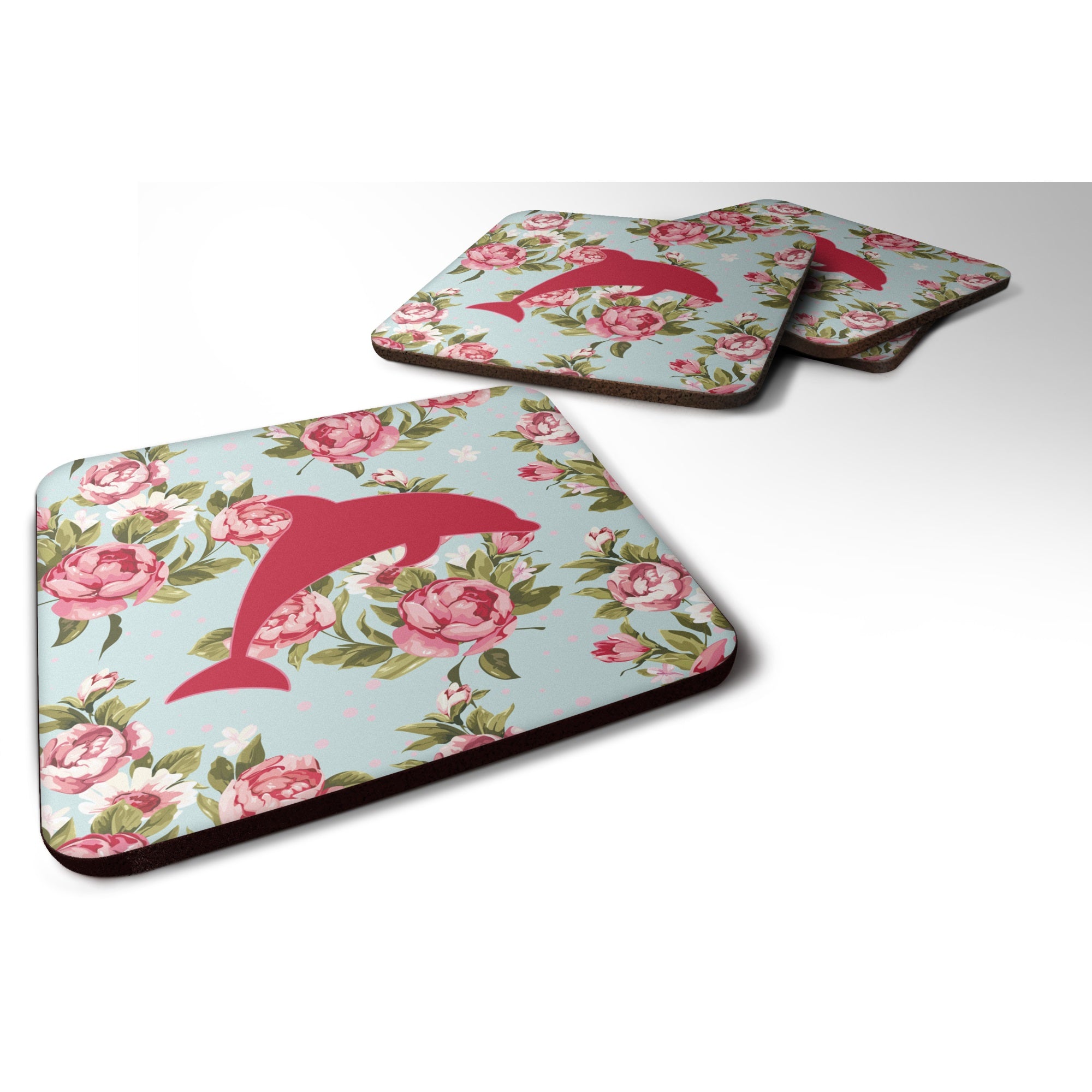 Dolphin Shabby Chic Blue Roses Bb1025 Foam Coaster Set Of 4