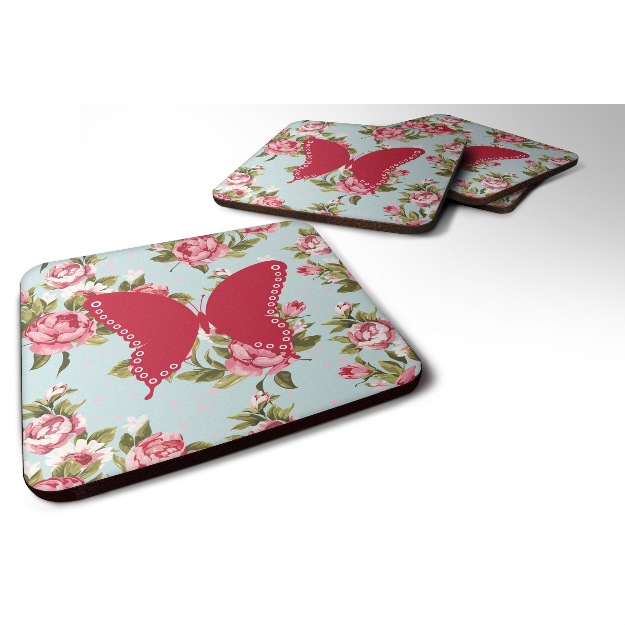 Butterfly Shabby Chic Blue Roses Bb1036 Foam Coaster Set Of 4