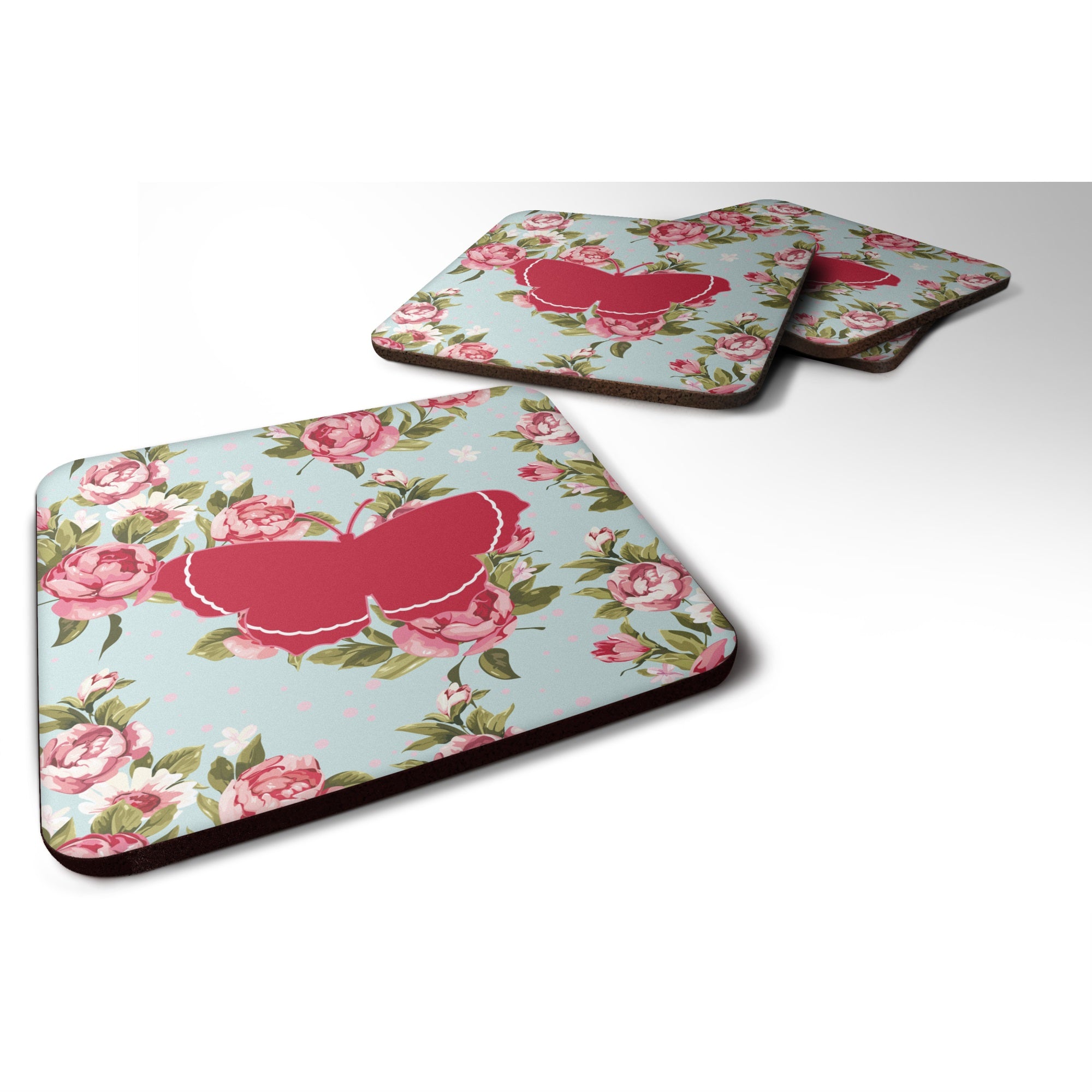Butterfly Shabby Chic Blue Roses Bb1037 Foam Coaster Set Of 4