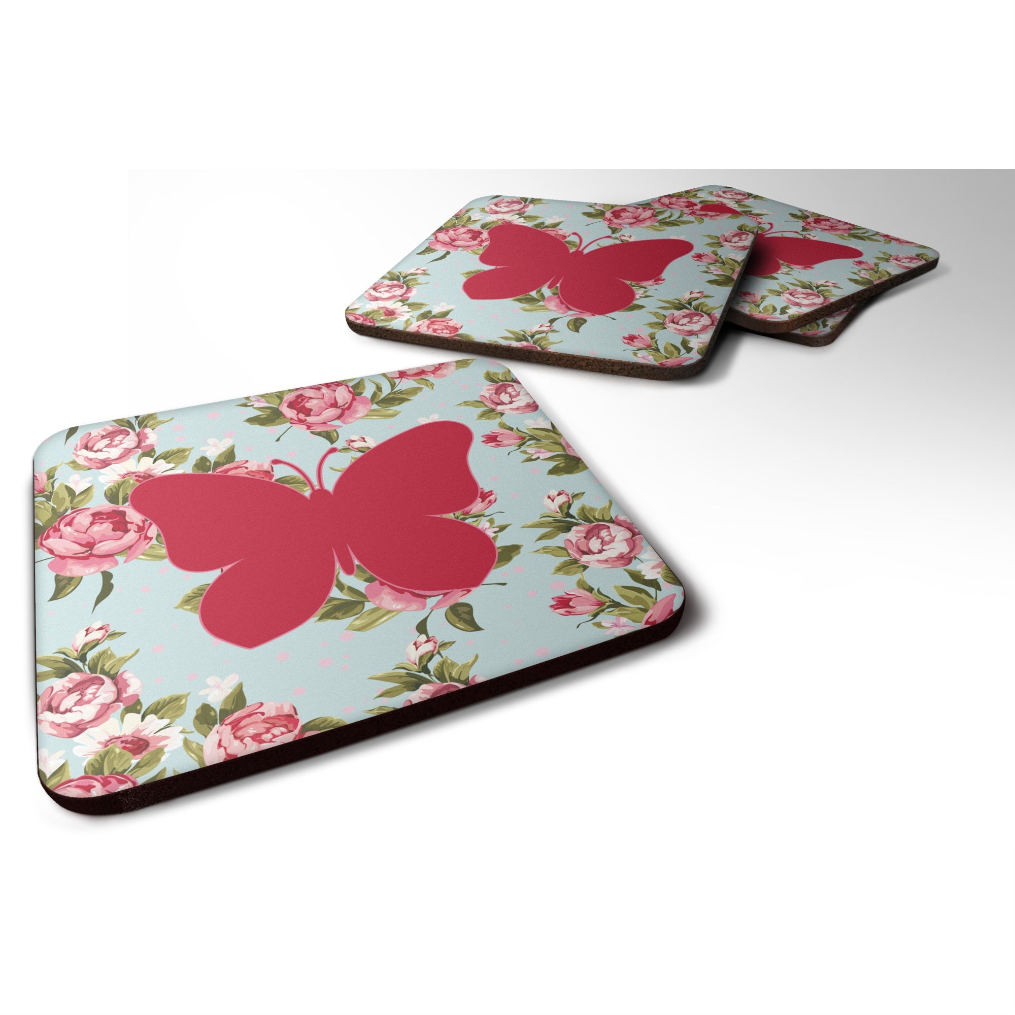 Butterfly Shabby Chic Blue Roses Bb1047 Foam Coaster Set Of 4