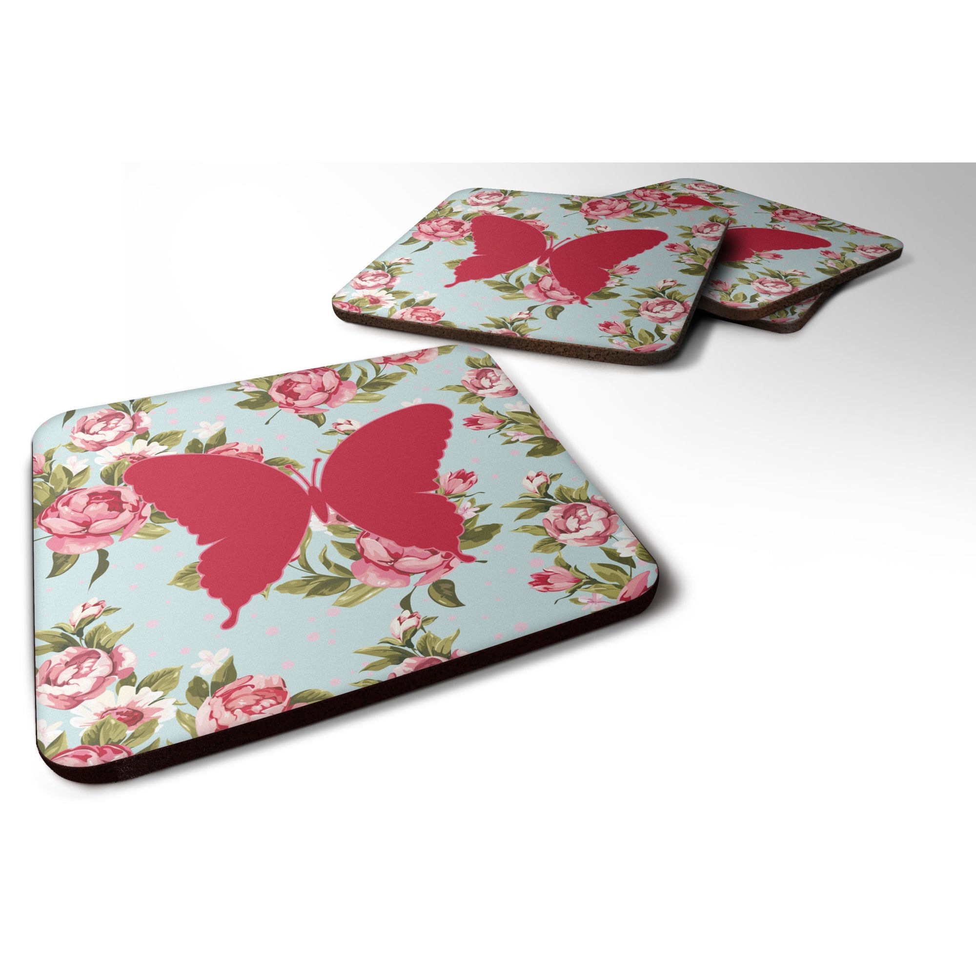 Butterfly Shabby Chic Blue Roses Bb1048 Foam Coaster Set Of 4