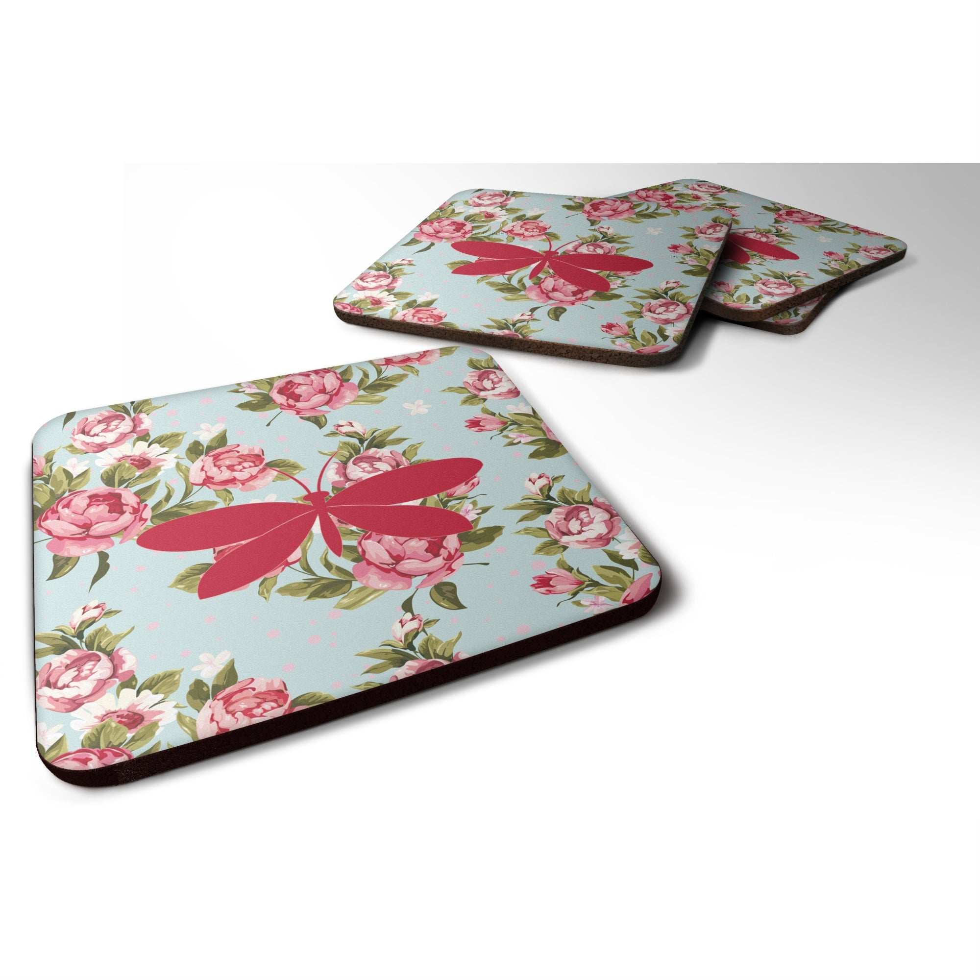 Moth Shabby Chic Blue Roses Bb1055 Foam Coaster Set Of 4