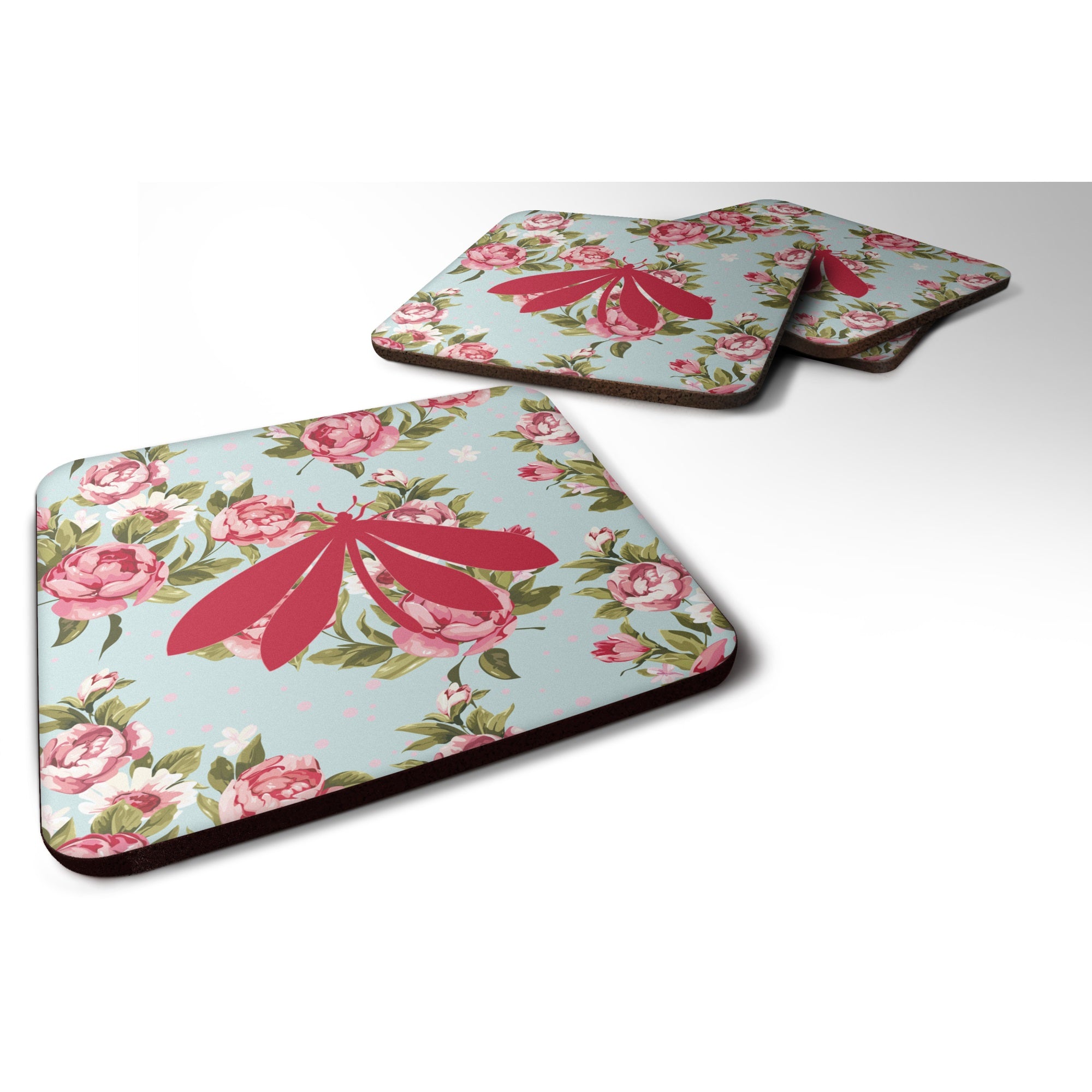 Moth Shabby Chic Blue Roses Bb1060 Foam Coaster Set Of 4