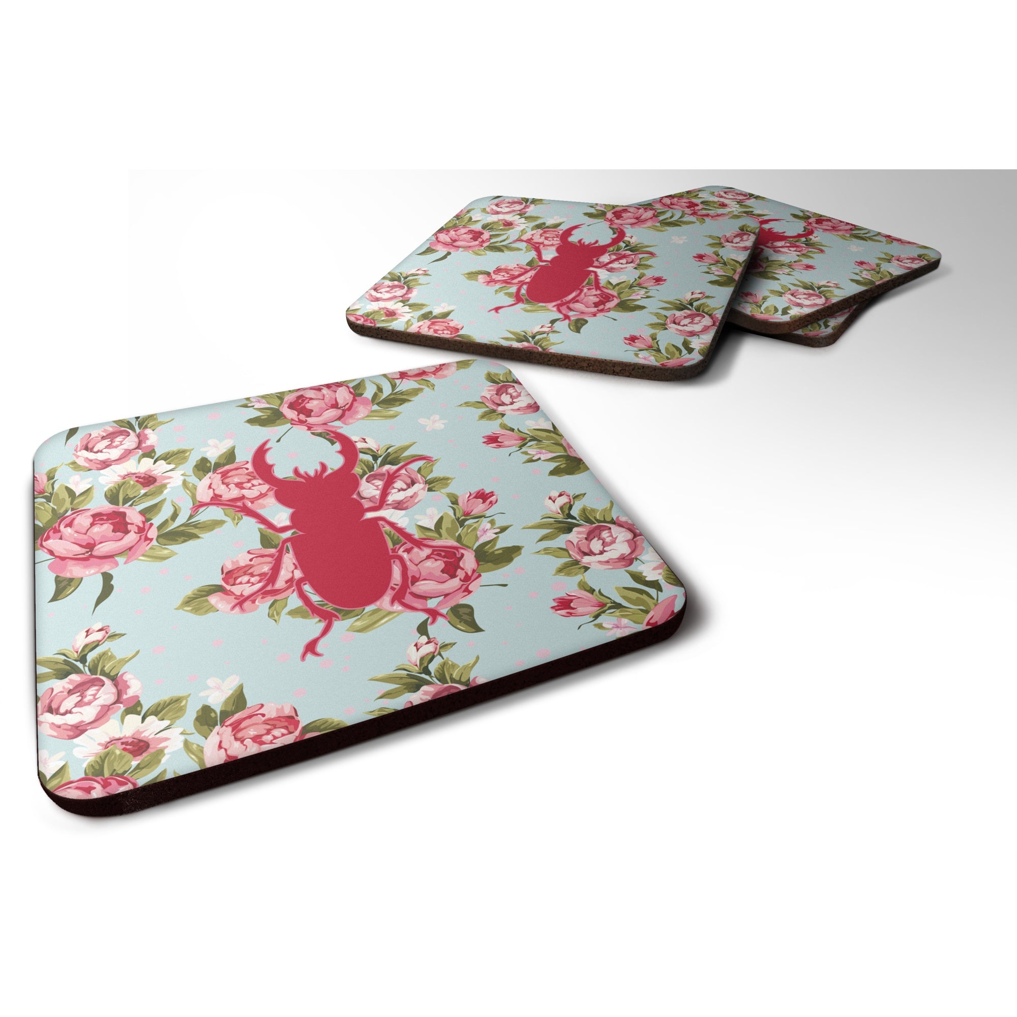 Beetle Shabby Chic Blue Roses Bb1063 Foam Coaster Set Of 4