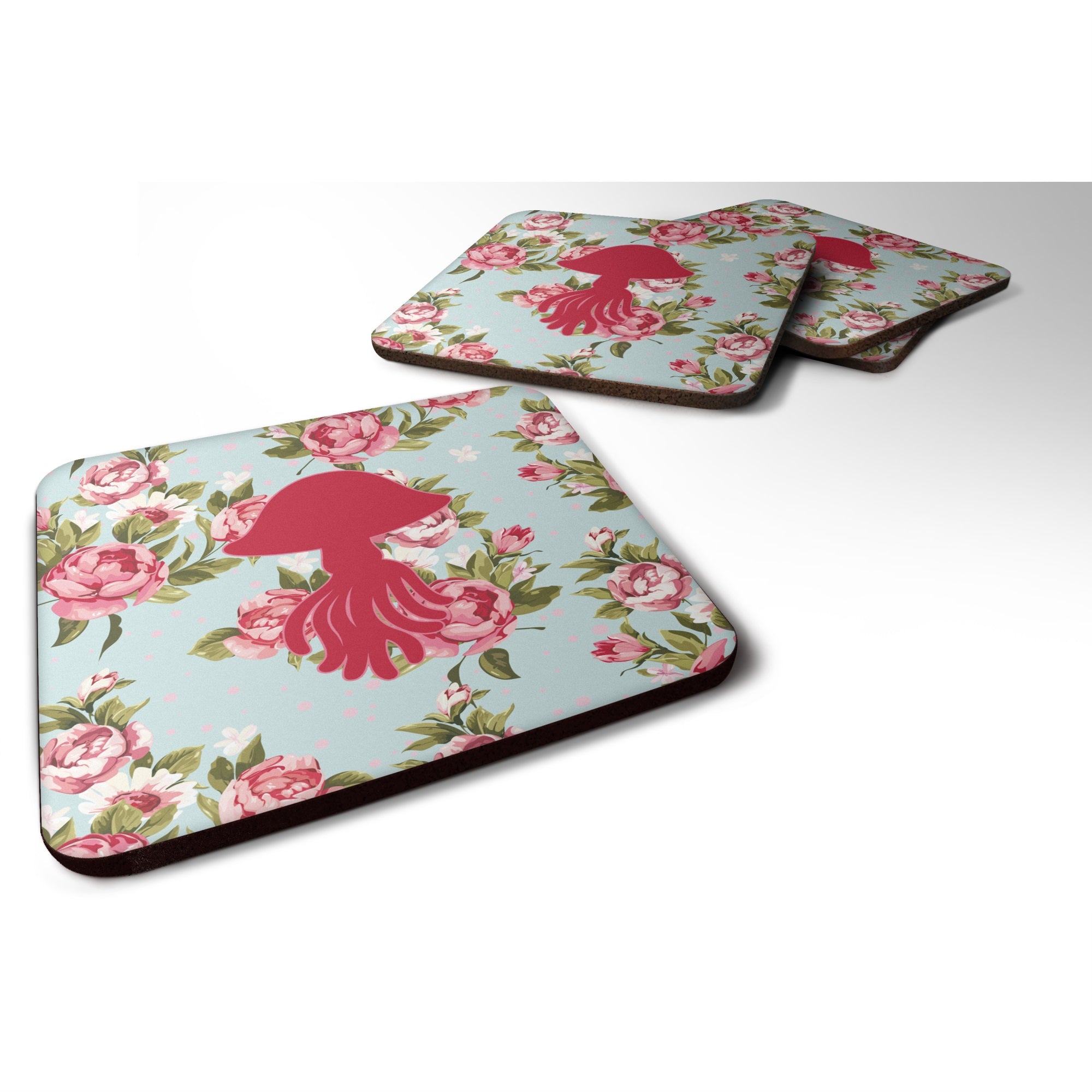 Jellyfish Shabby Chic Blue Roses Bb1089 Foam Coaster Set Of 4