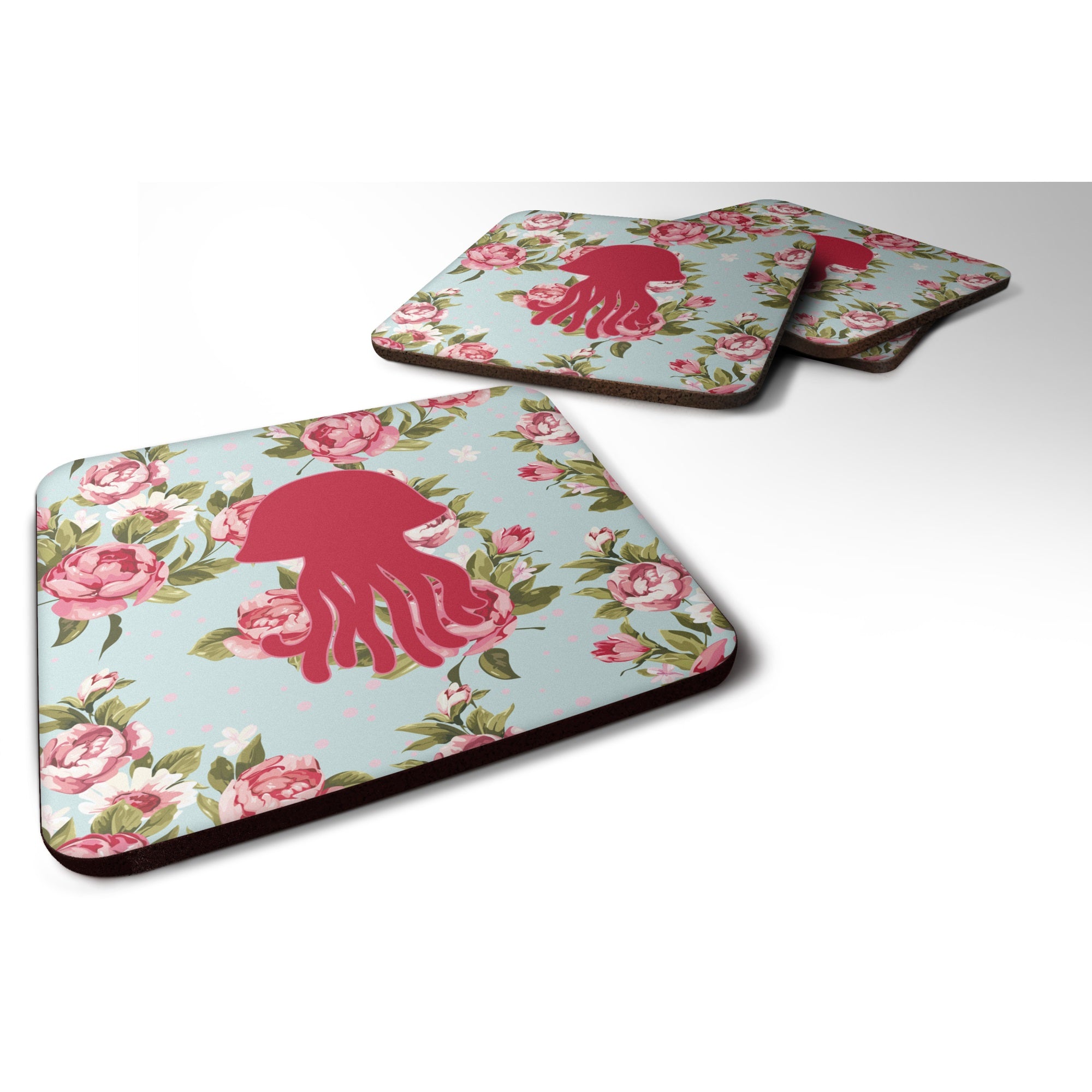Jellyfish Shabby Chic Blue Roses Bb1091 Foam Coaster Set Of 4