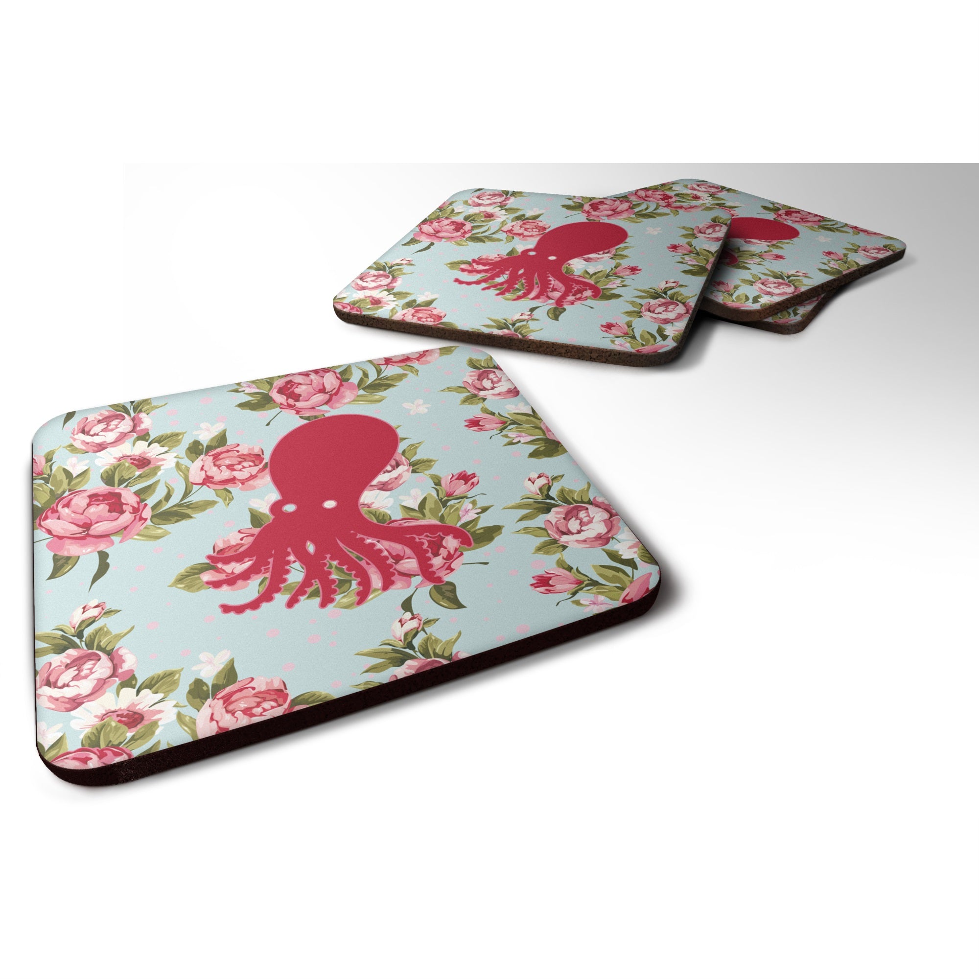 Octopus Shabby Chic Blue Roses Bb1098 Foam Coaster Set Of 4