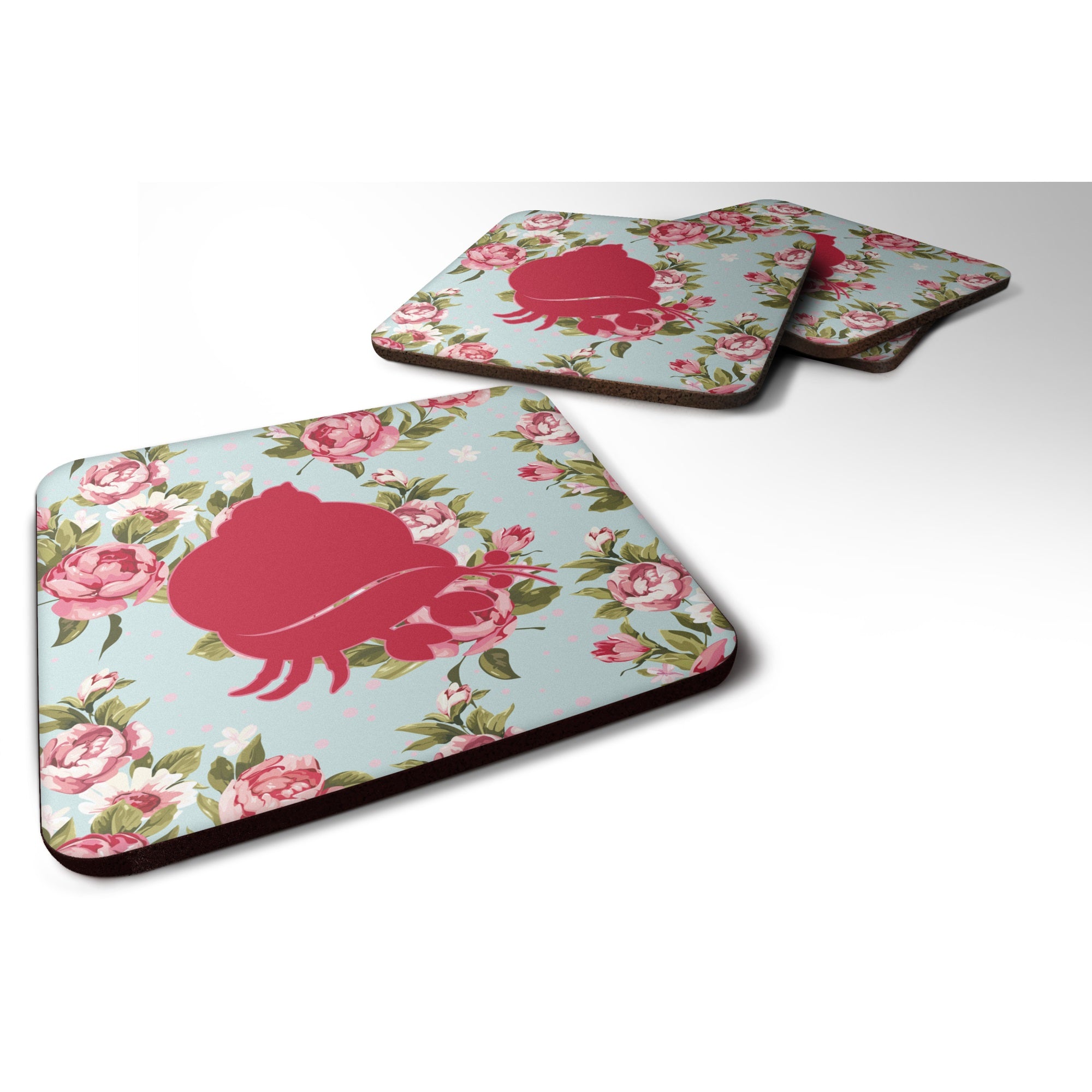 Hermit Crab Shabby Chic Blue Roses Bb1102 Foam Coaster Set Of 4