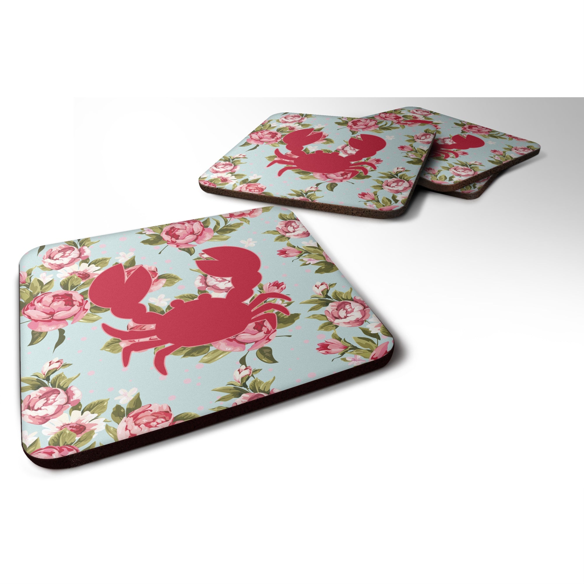 Crab Shabby Chic Blue Roses Bb1104 Foam Coaster Set Of 4