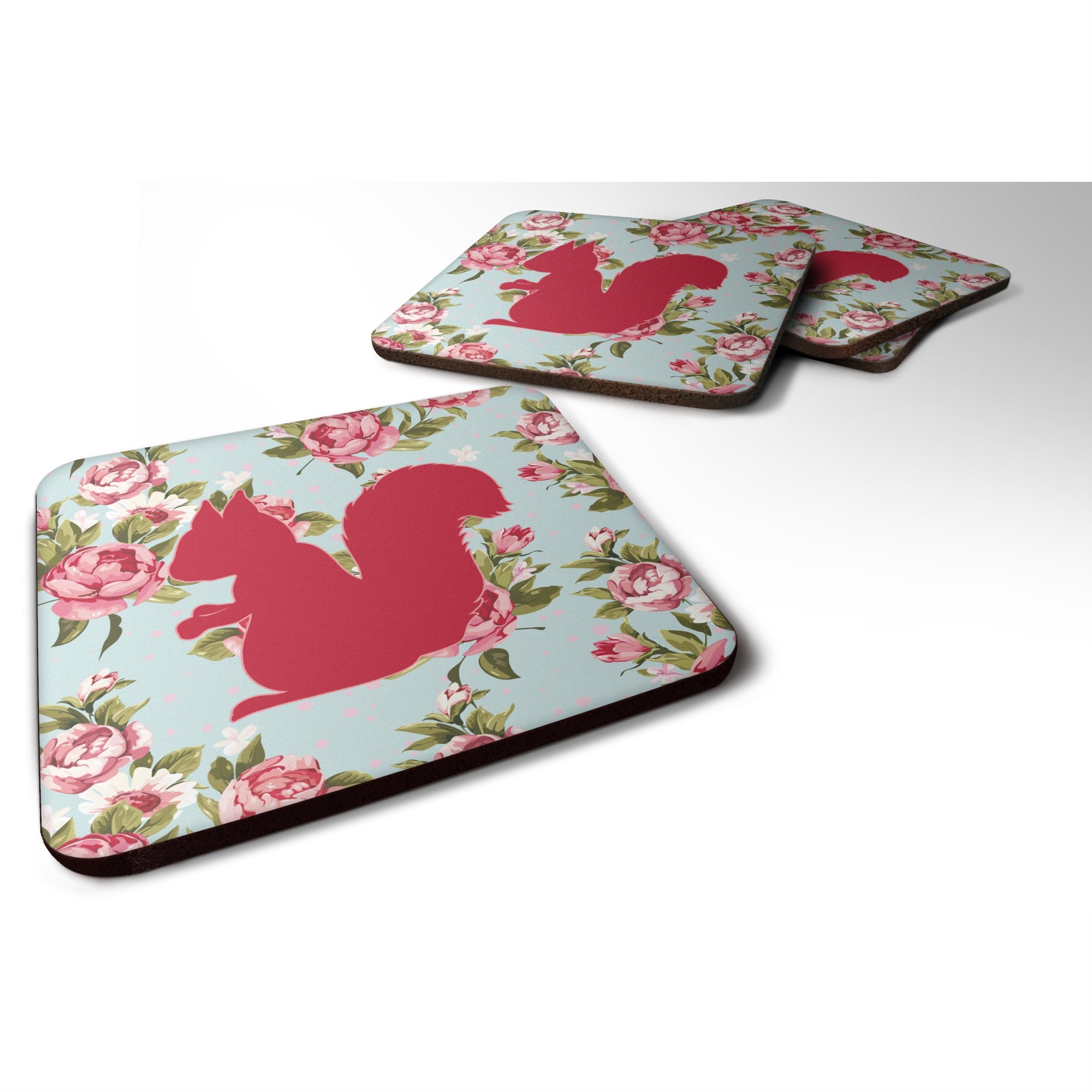 Squirrel Shabby Chic Blue Roses Bb1119 Foam Coaster Set Of 4