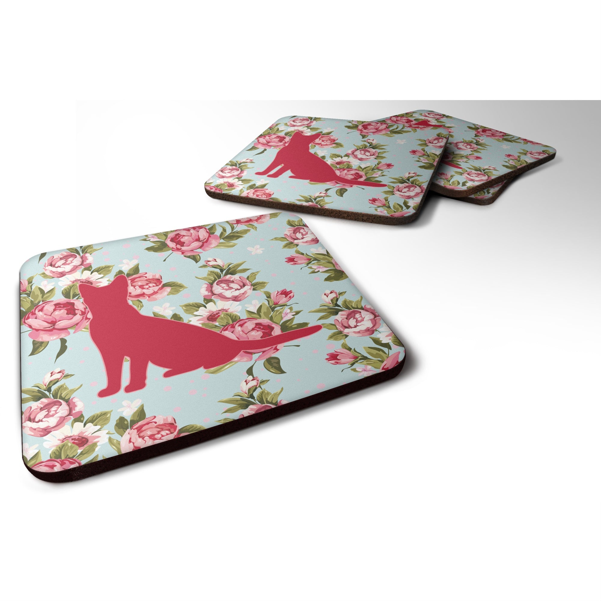 Cat Shabby Chic Blue Roses Bb1071 Foam Coaster Set Of 4