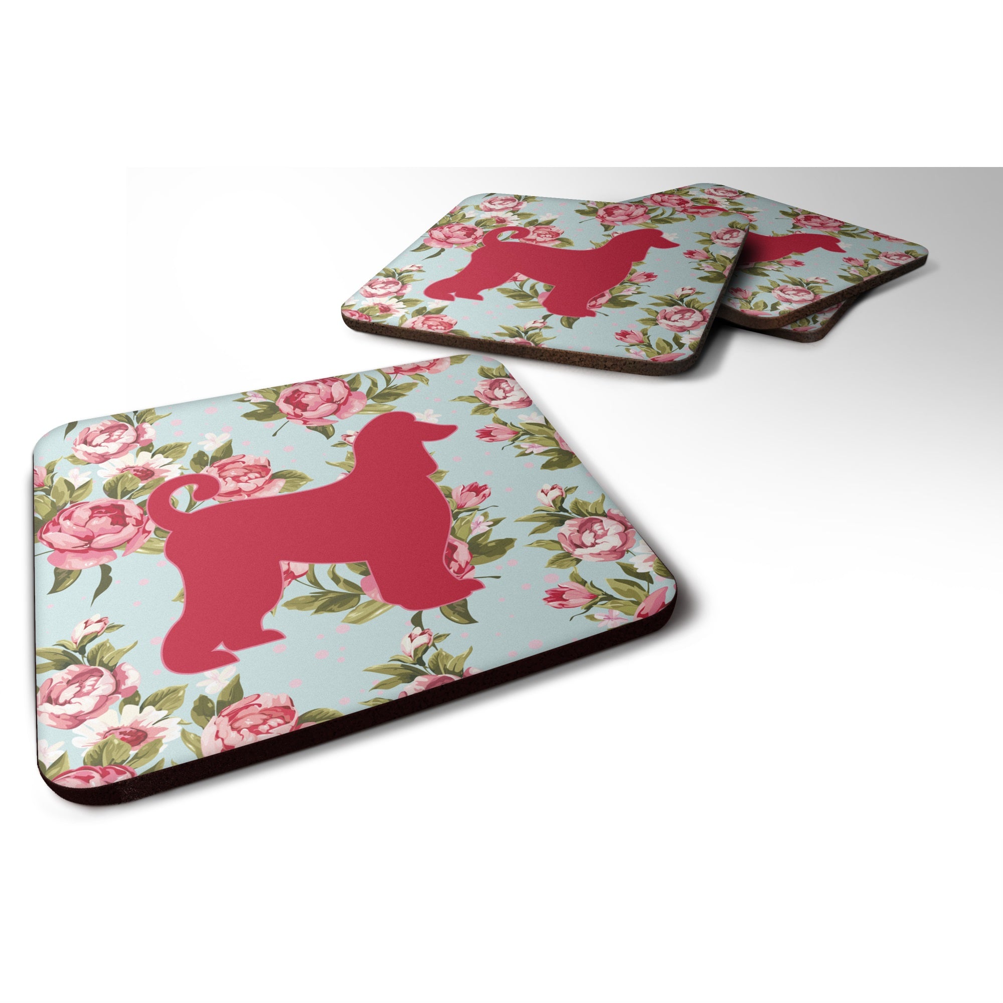 Afghan Hound Shabby Chic Blue Roses Bb1066 Foam Coaster Set Of 4