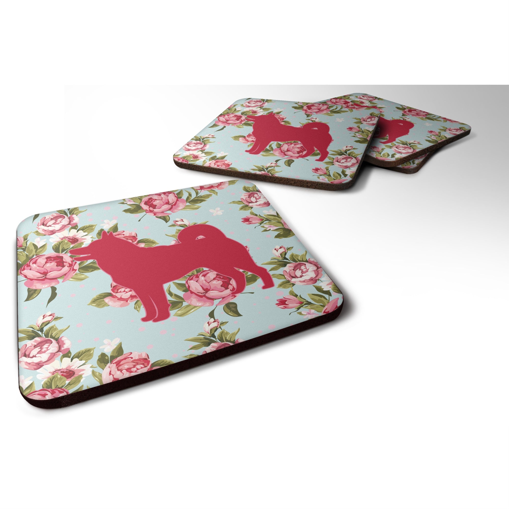 Shiba Inu Shabby Chic Blue Roses Bb1067 Foam Coaster Set Of 4