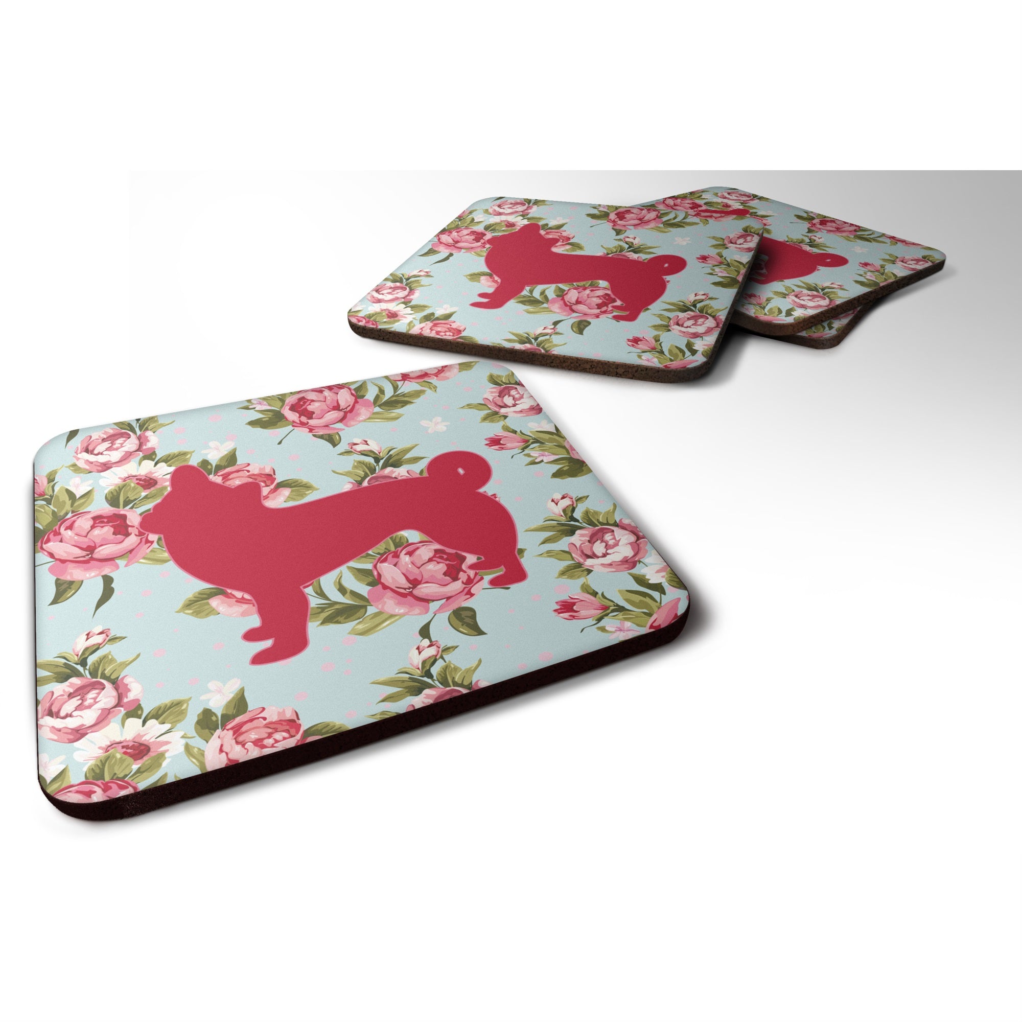 Chihuahua Shabby Chic Blue Roses Bb1068 Foam Coaster Set Of 4