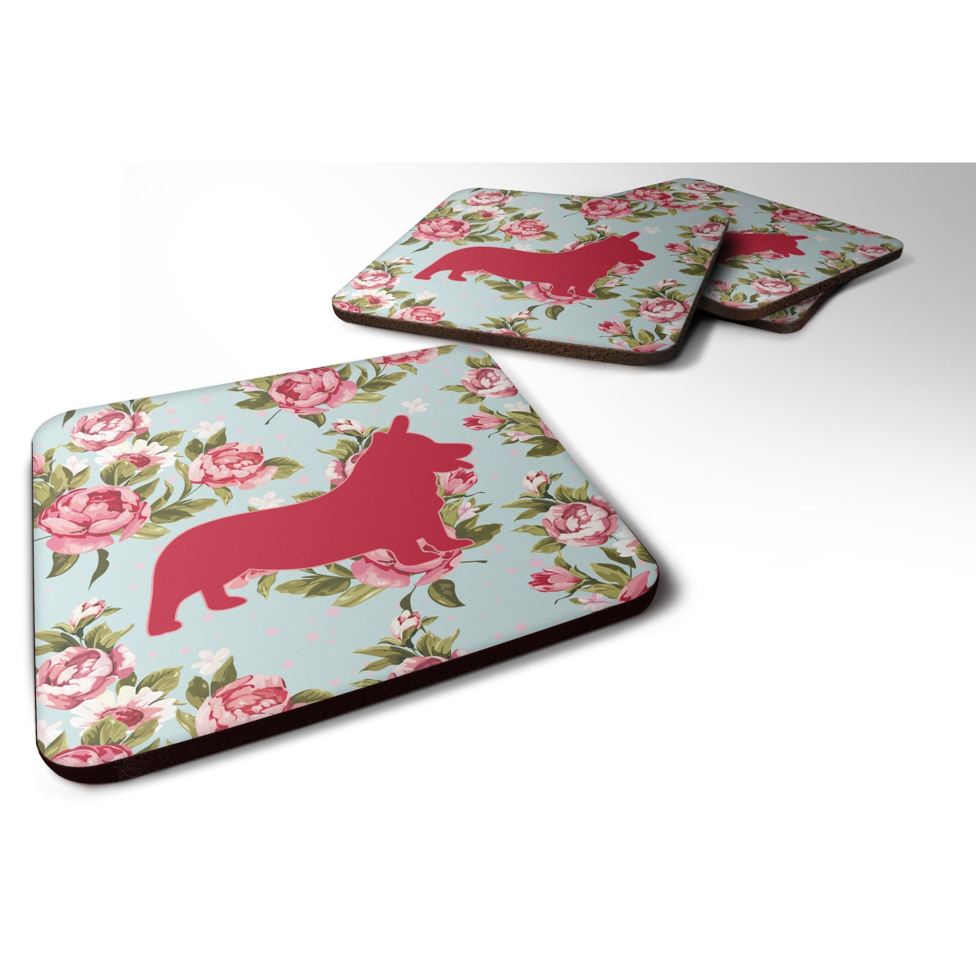 Corgi Shabby Chic Blue Roses Bb1069 Foam Coaster Set Of 4