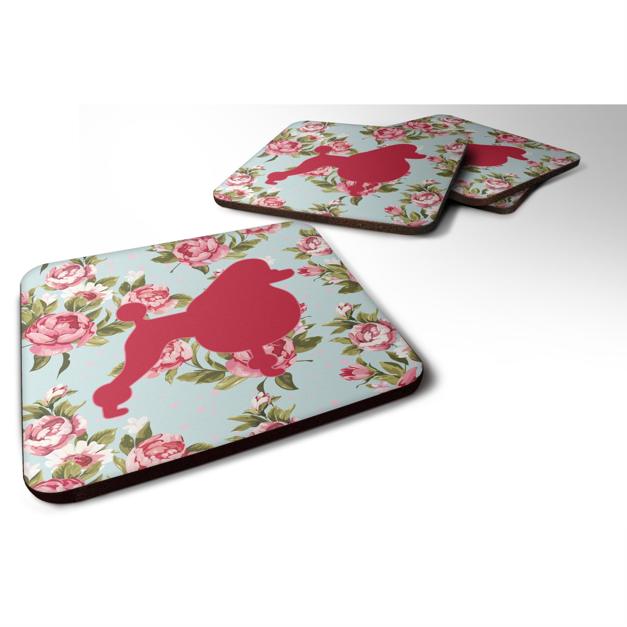 Poodle Shabby Chic Blue Roses Bb1072 Foam Coaster Set Of 4