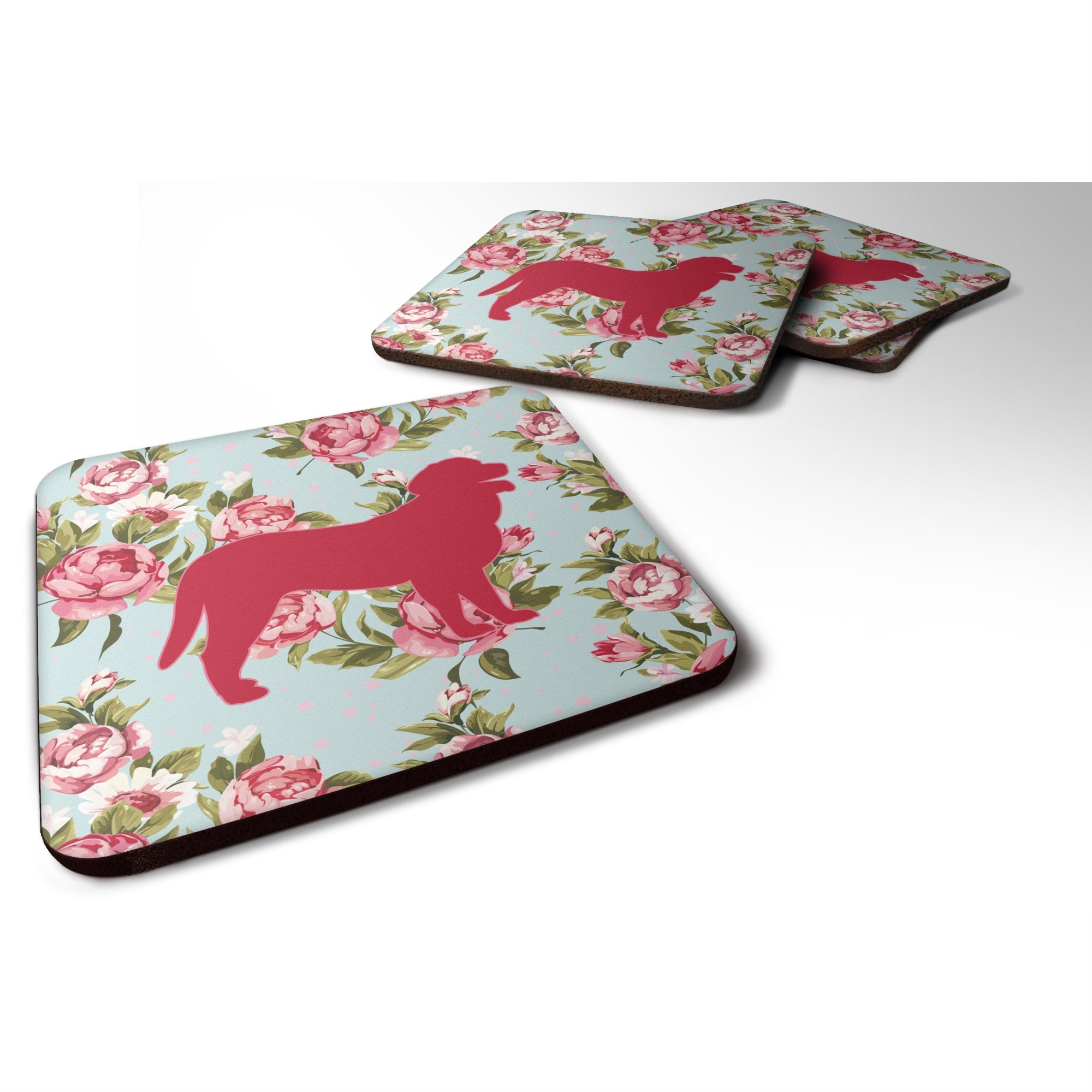 Curly Coated Retriever Shabby Chic Blue Roses Foam Coaster Set Of 4
