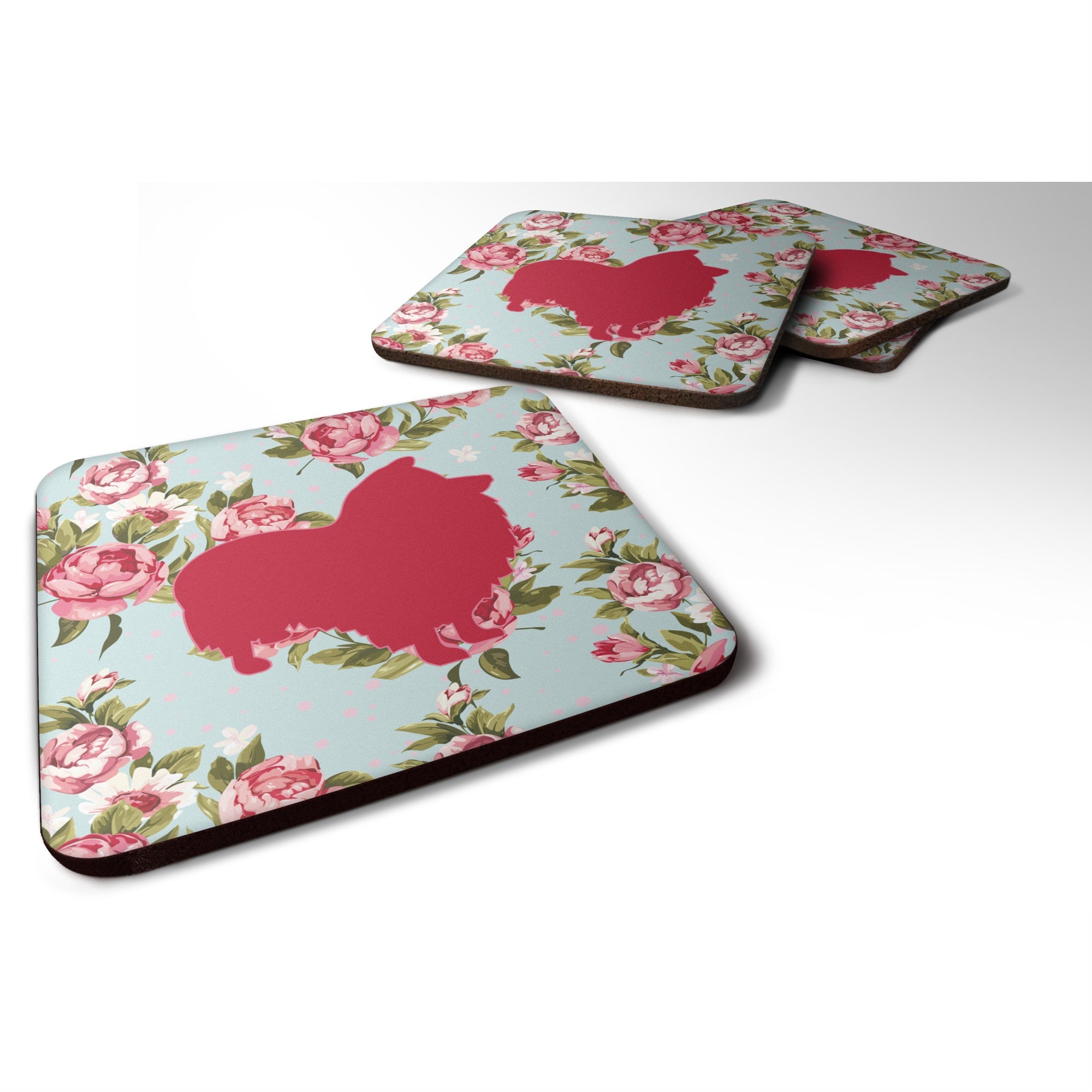 Sheltie Shabby Chic Blue Roses Bb1080 Foam Coaster Set Of 4