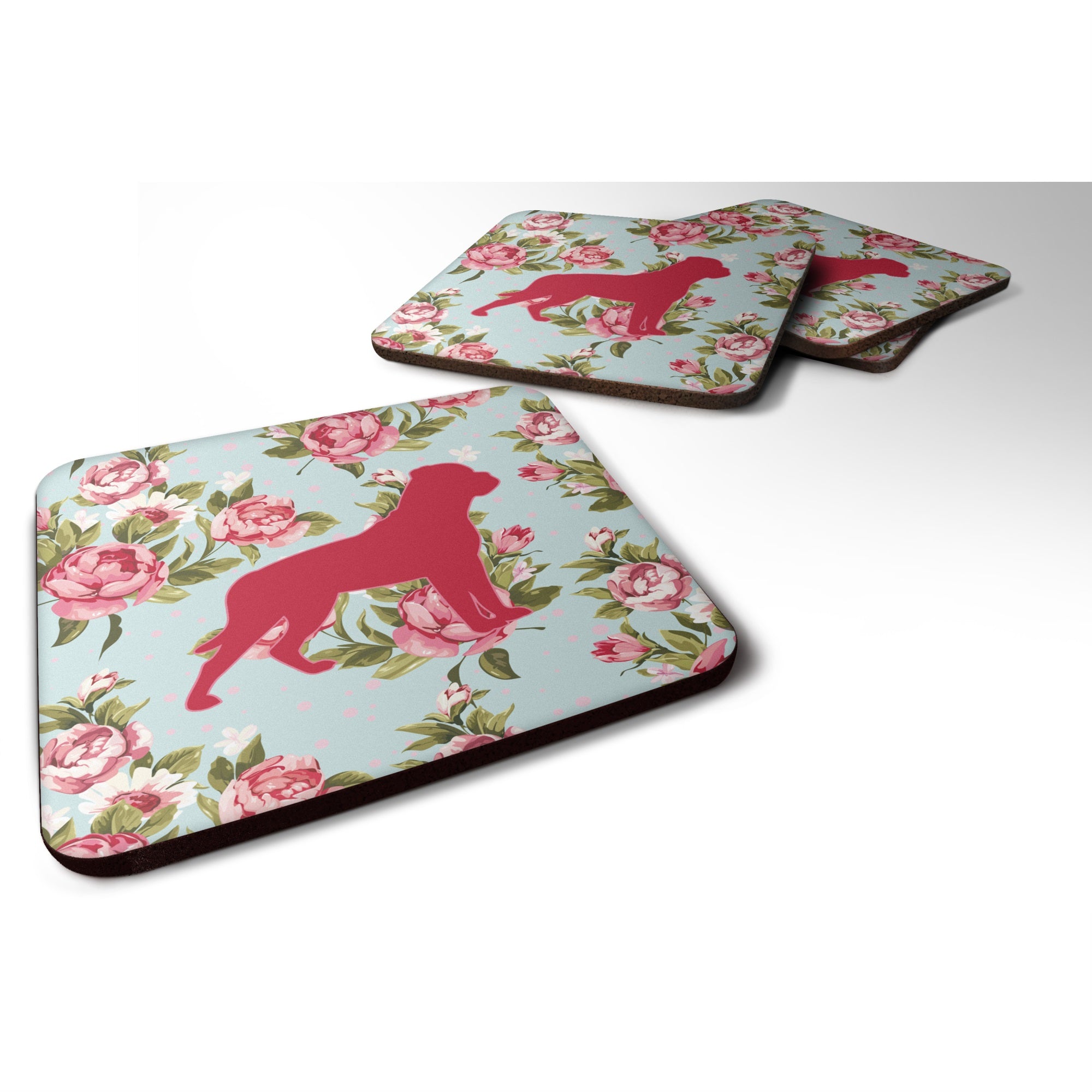 Rottweiler Shabby Chic Blue Roses Bb1083 Foam Coaster Set Of 4