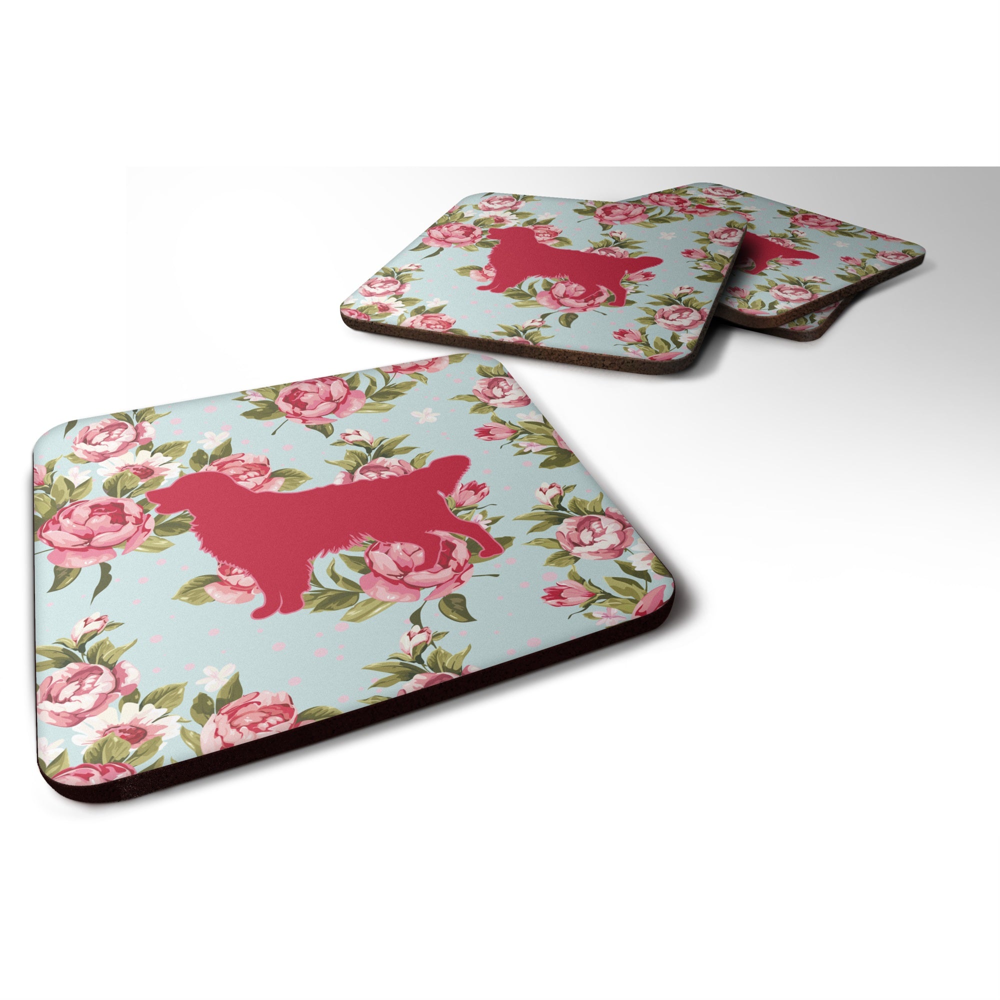 Golden Retriever Shabby Chic Blue Roses Bb1085 Foam Coaster Set Of 4