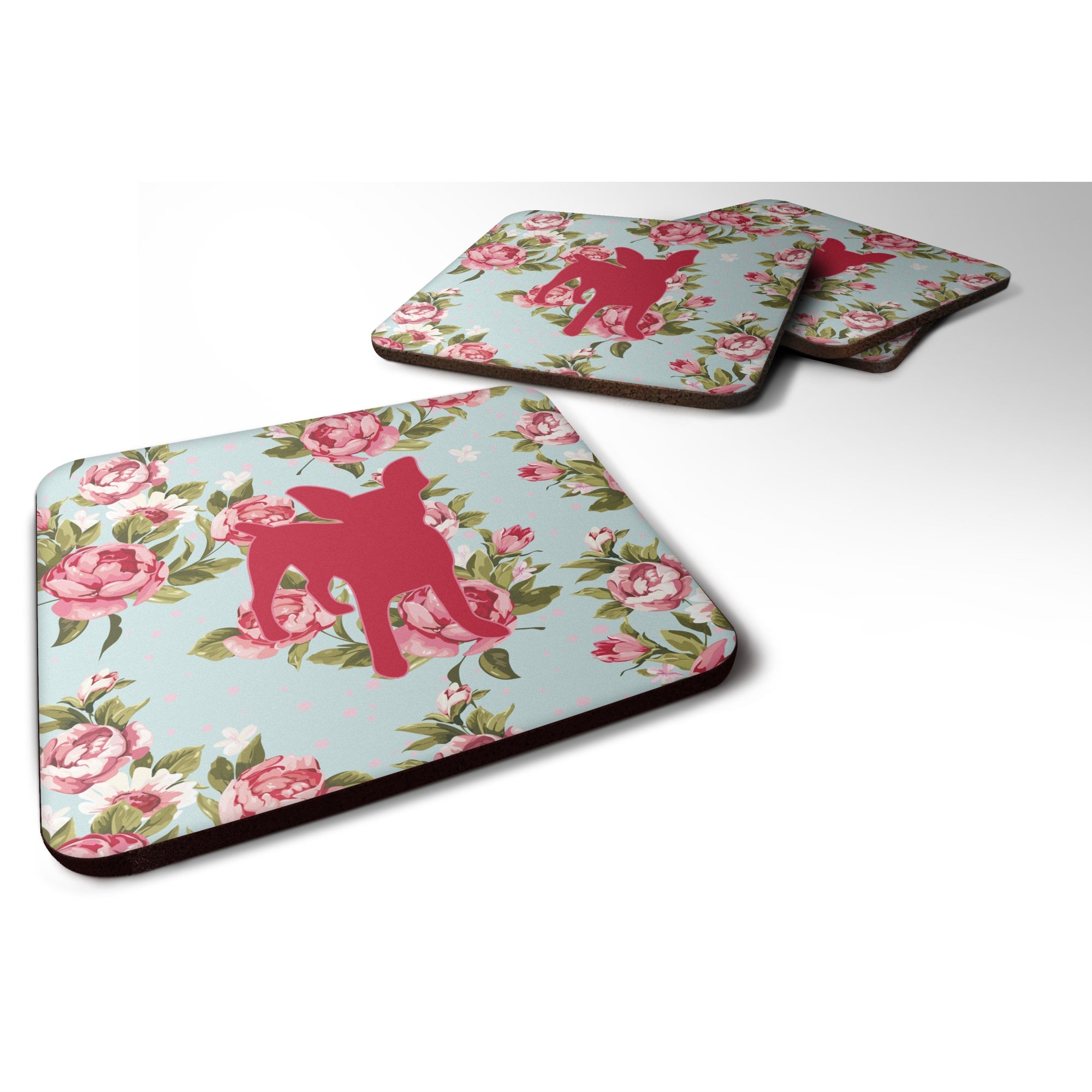 Chihuahua Shabby Chic Blue Roses Bb1108 Foam Coaster Set Of 4