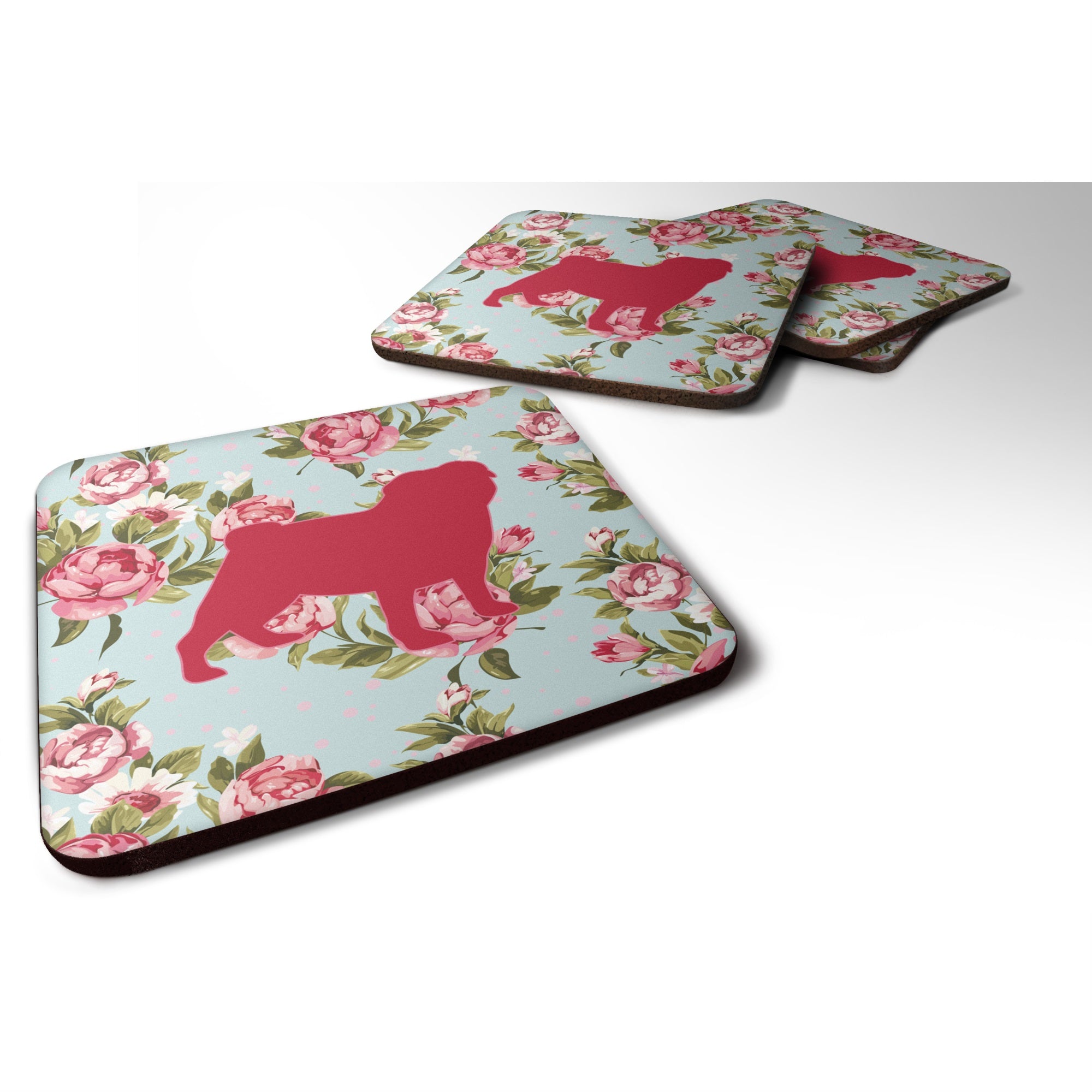 Pug Shabby Chic Blue Roses Bb1112 Foam Coaster Set Of 4