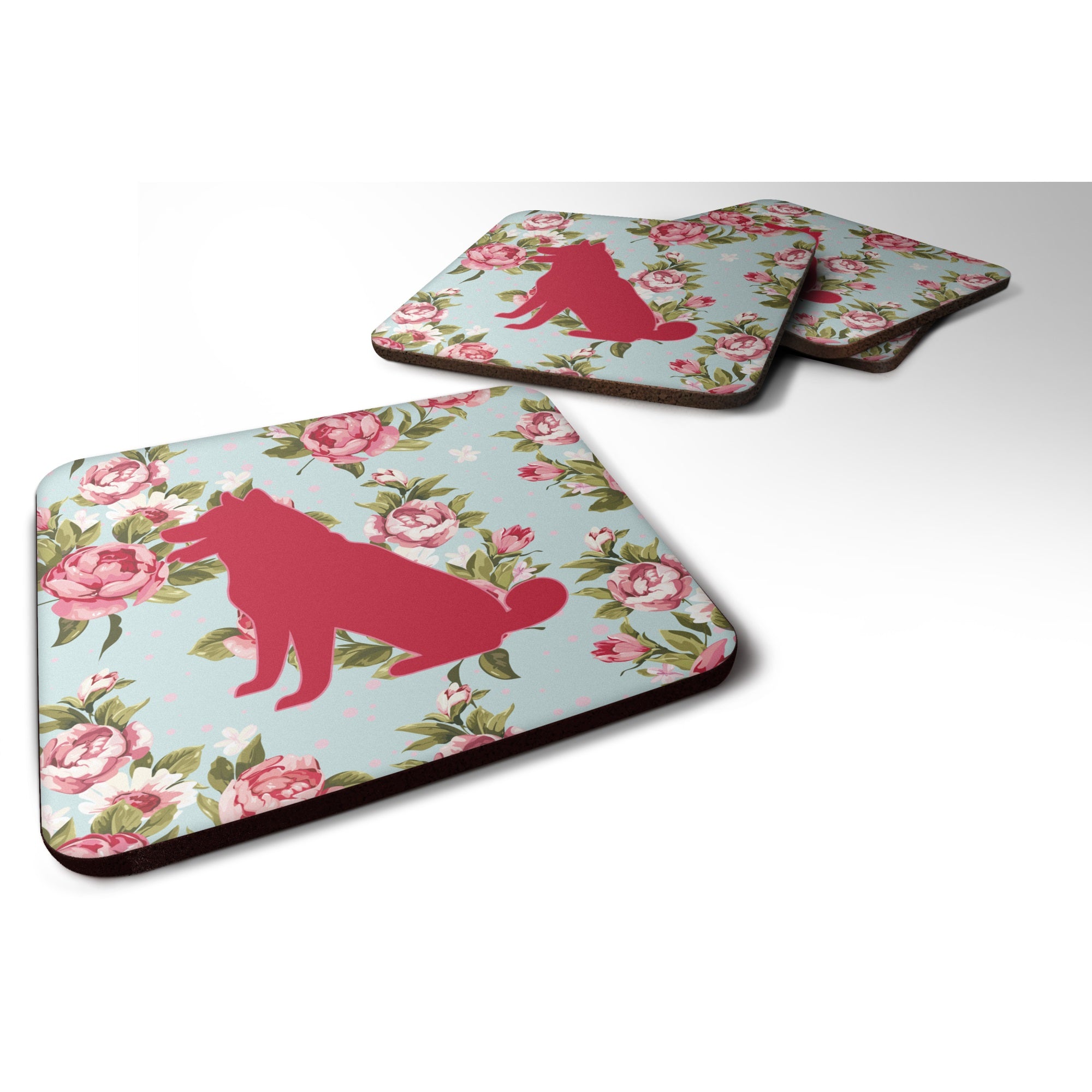 Shiba Inu Shabby Chic Blue Roses Bb1113 Foam Coaster Set Of 4